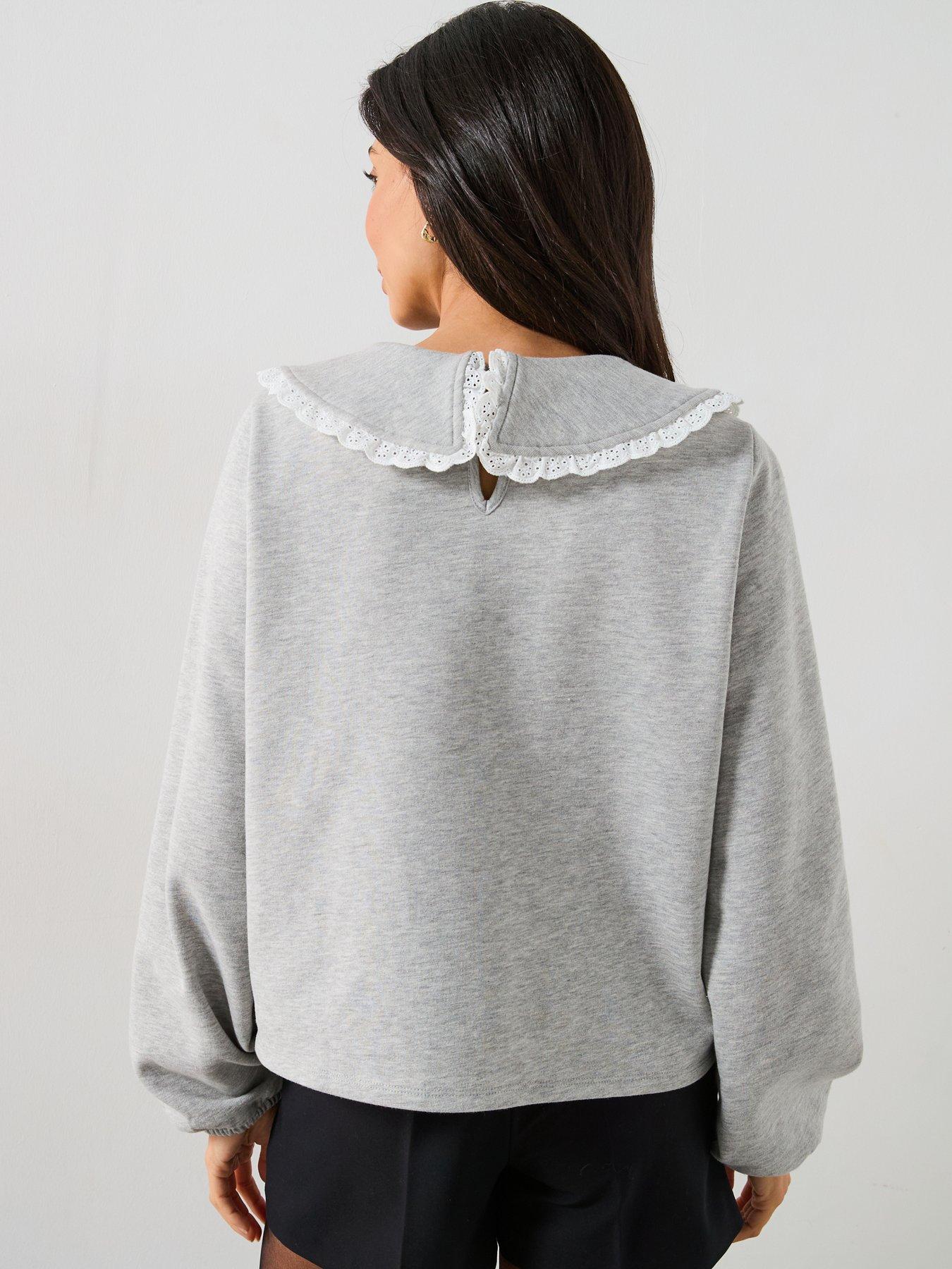 Image 2 of 5 of V by Very Broderie Collar Detail Sweatshirt - Grey