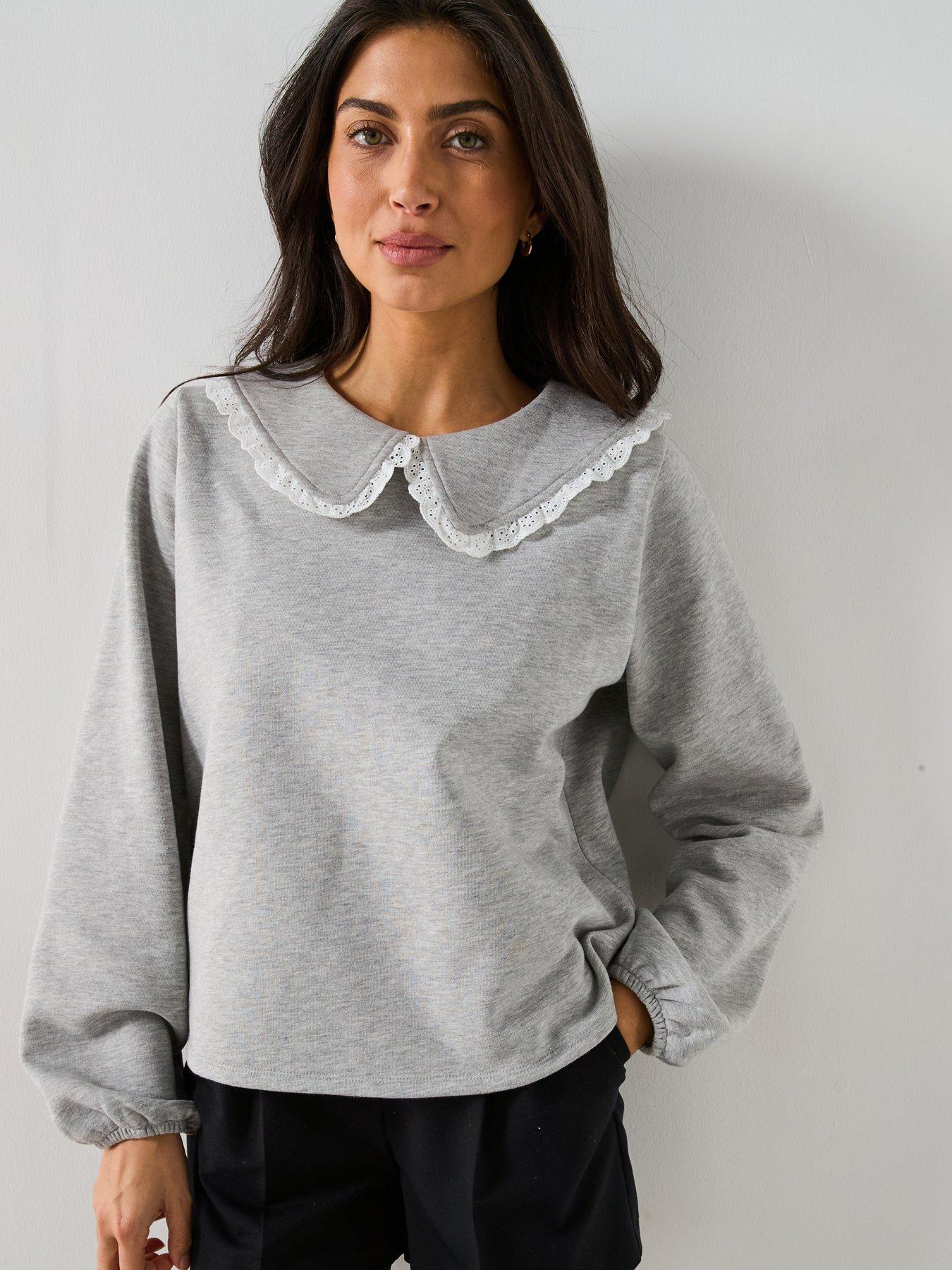 Image 4 of 5 of V by Very Broderie Collar Detail Sweatshirt - Grey