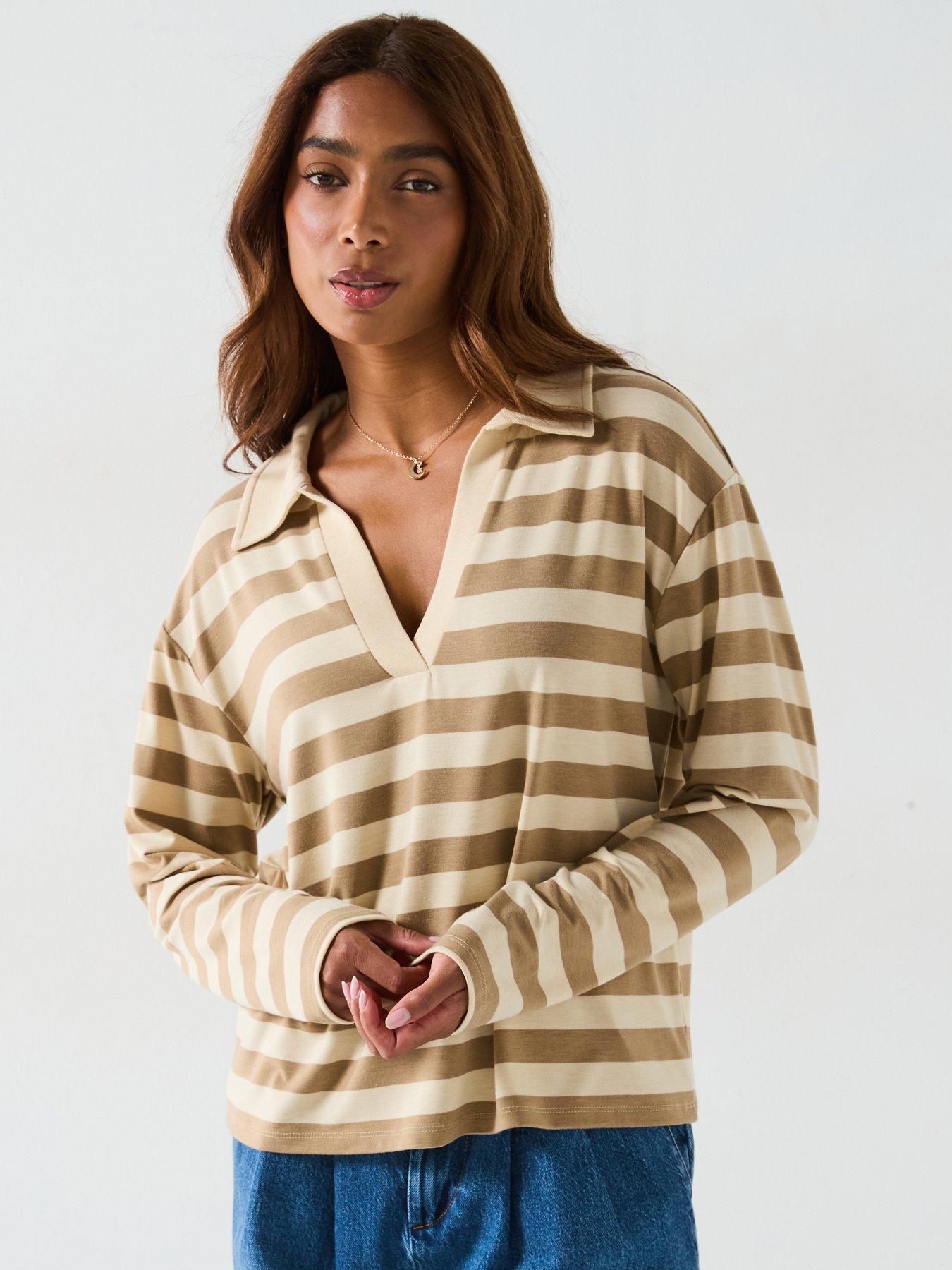 Image of V by Very Collar Detail Long Sleeve Top - Neutral Stripe