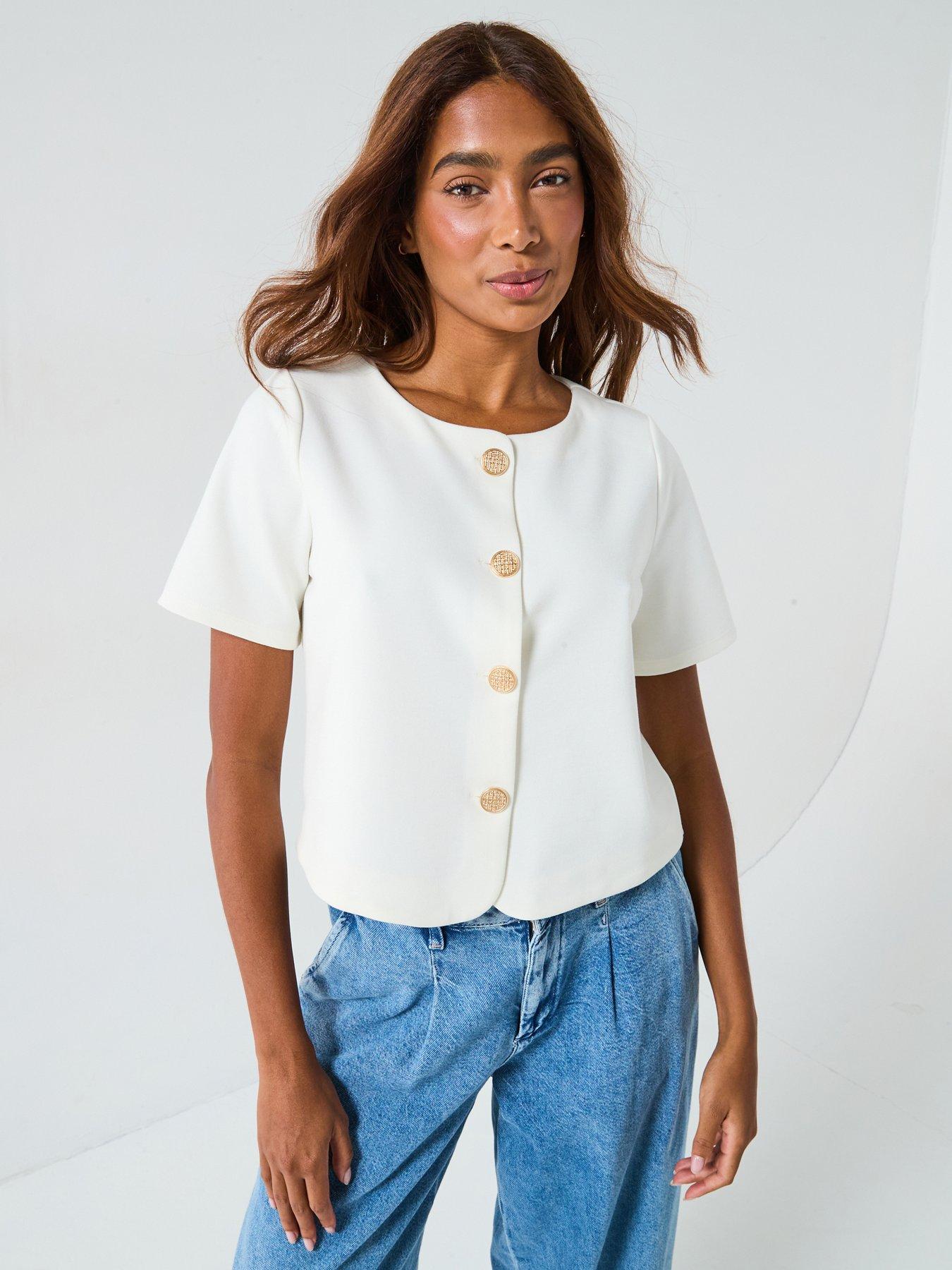 Image 1 of 6 of V by Very Button Up Short Sleeve Top - Ecru