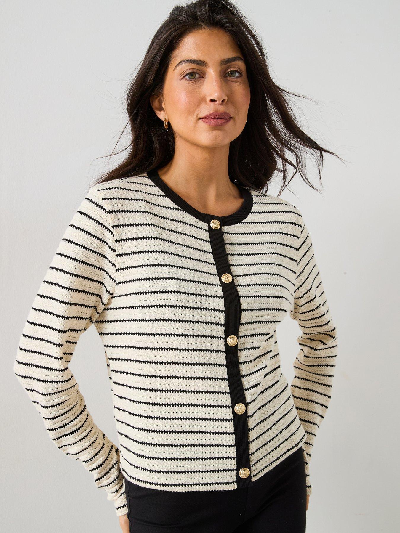 undefined Button Detail Long Sleeve Knit Top - Stripe - Multi