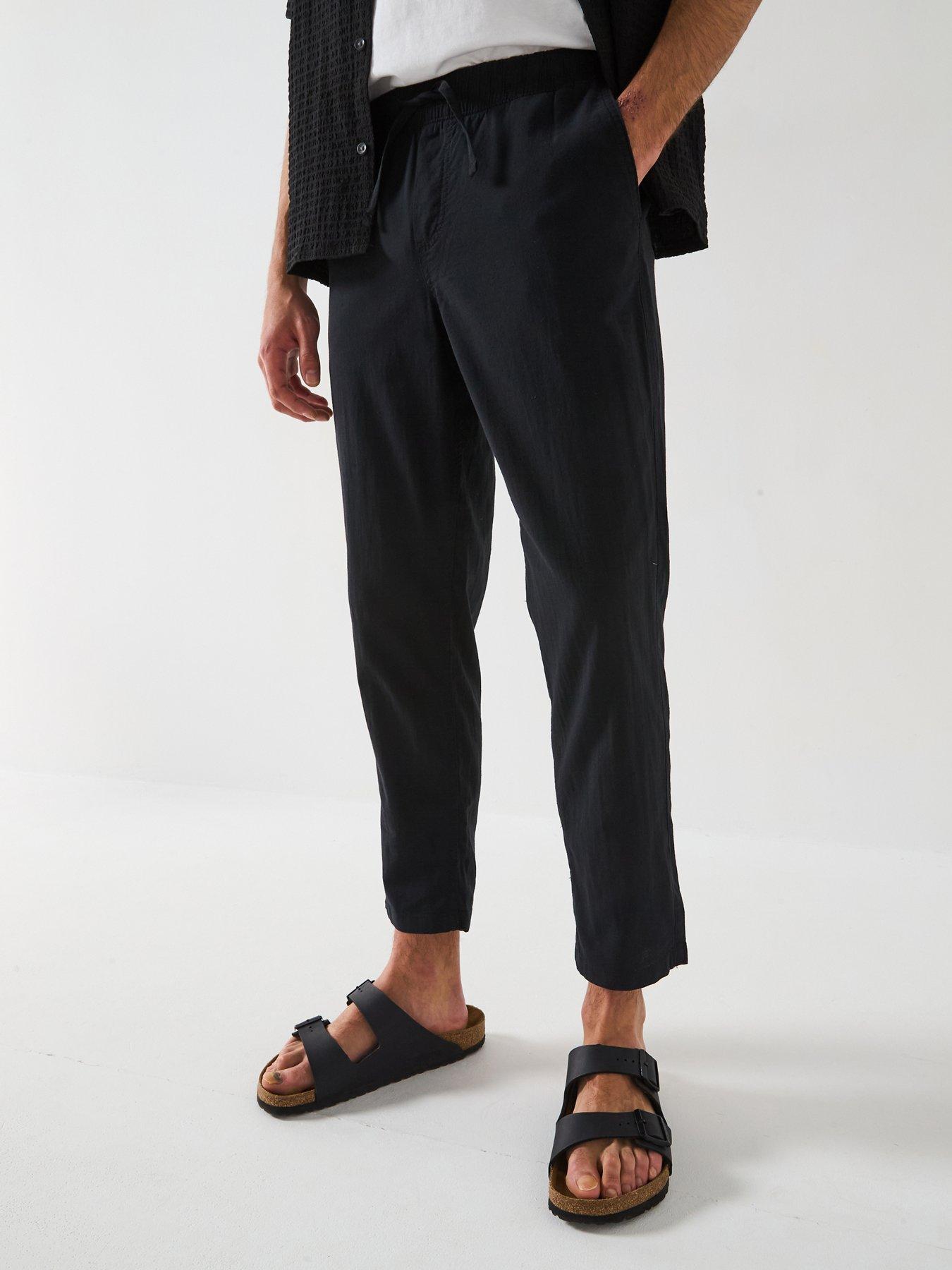 undefined Linen Blend Tapered Fit Trousers - Black