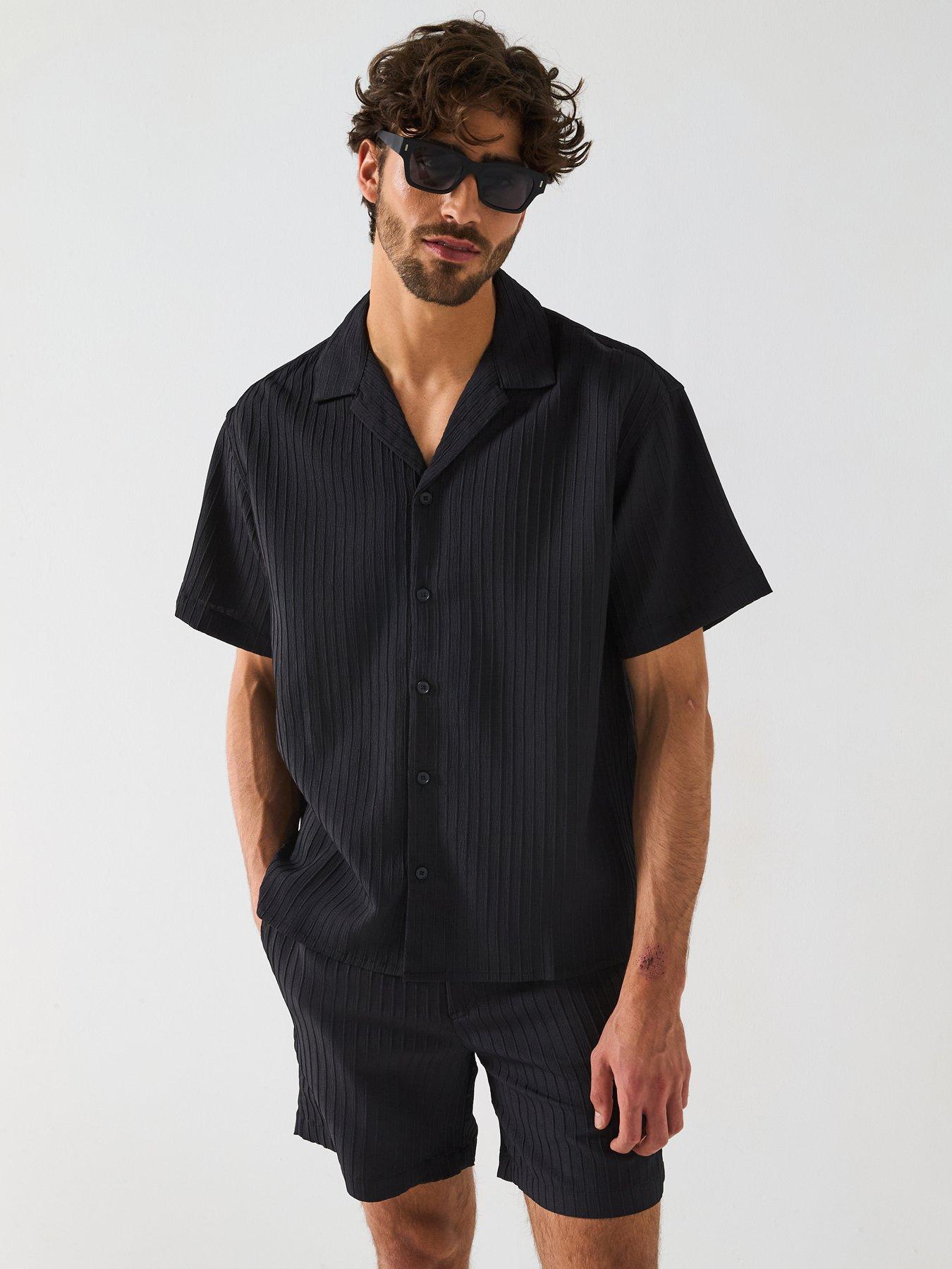 undefined Massimo Textured Stripe Resort Short Sleeve Shirt - Black