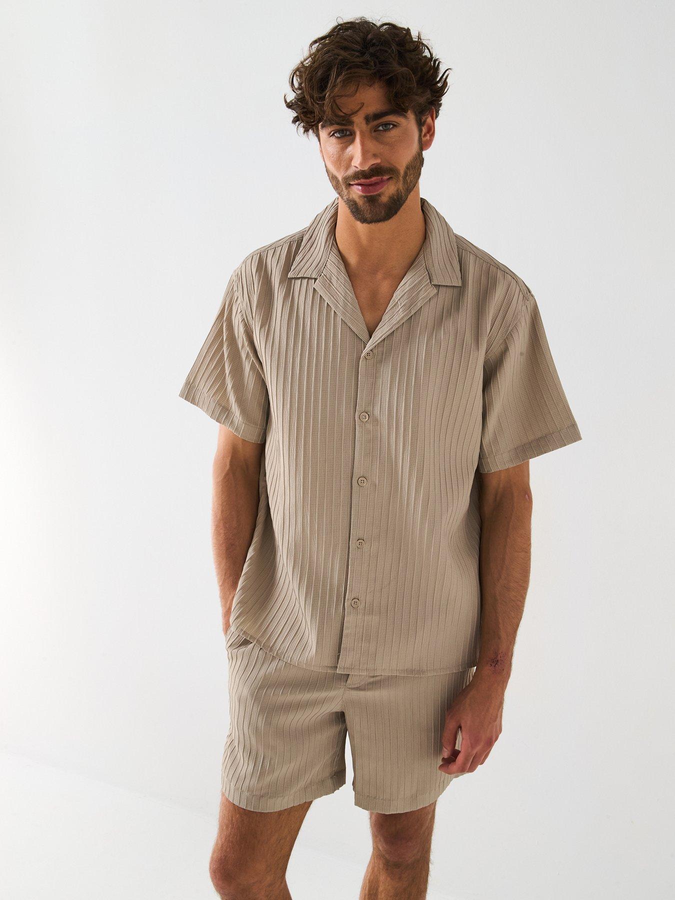 undefined Massimo Textured Stripe Resort Short Sleeve Shirt - Oxford Tan