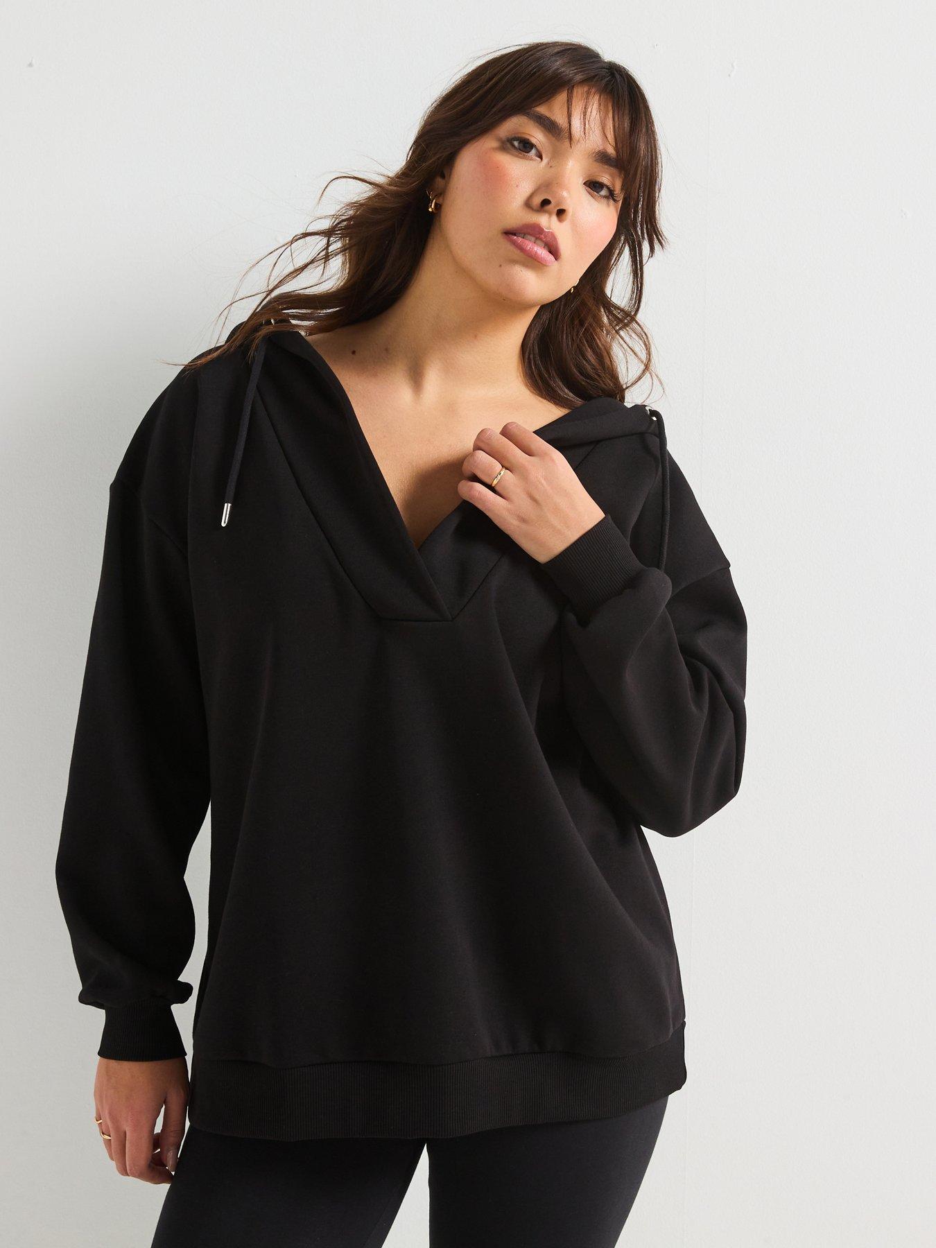 undefined V Neck Hoodie - Black