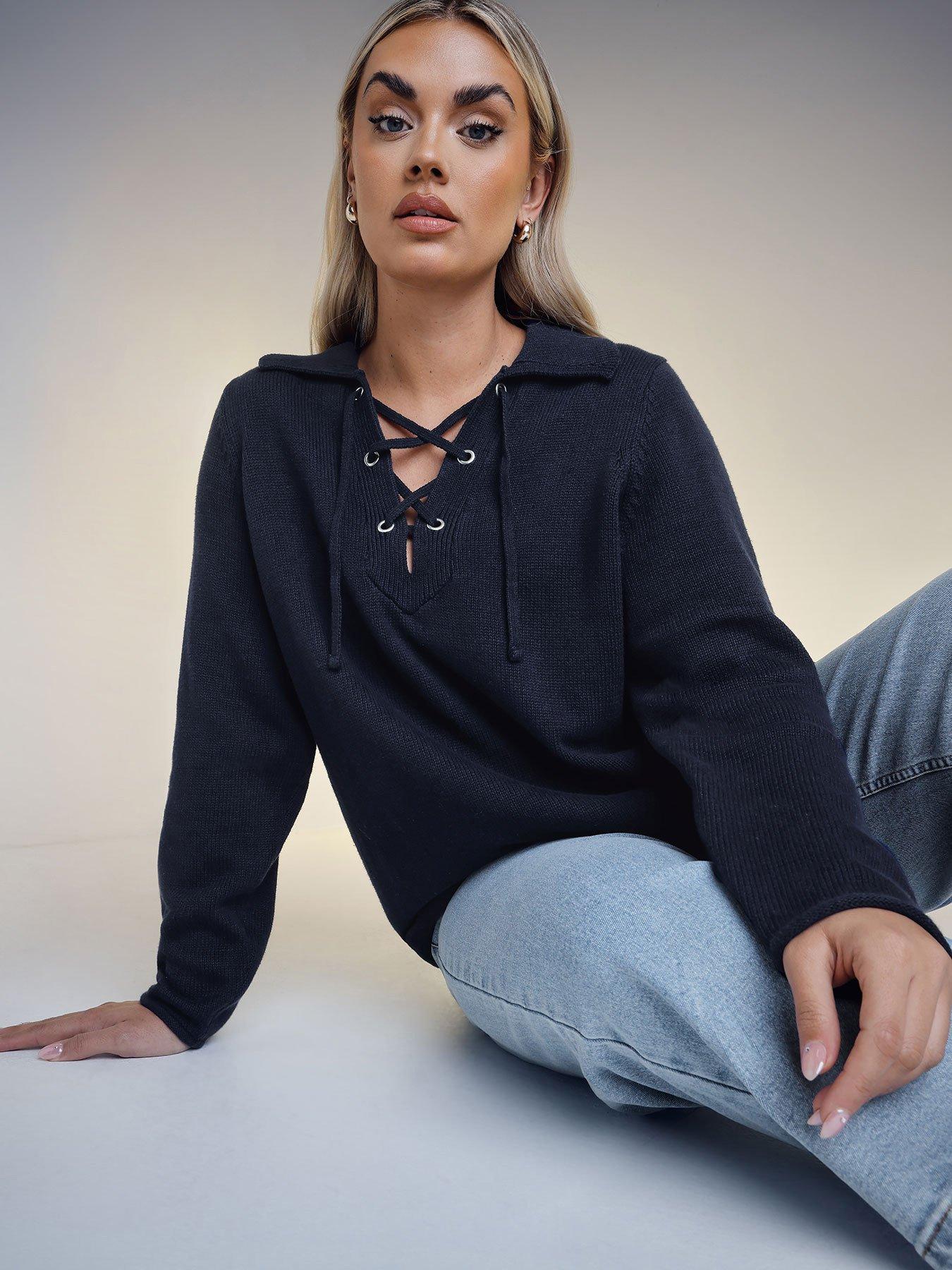 undefined Curve Lattice Tie Neck Jumper - Blue
