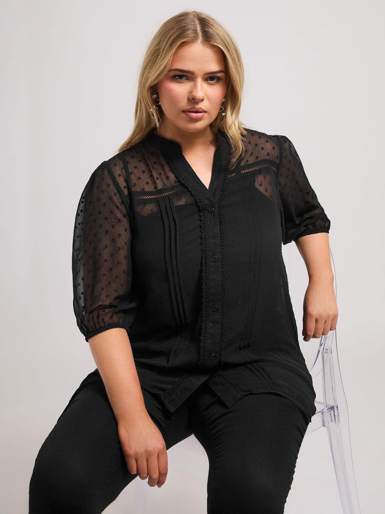 Image 1 of 4 of Yours Curve Dobby Crochet Pleat Blouse - Black