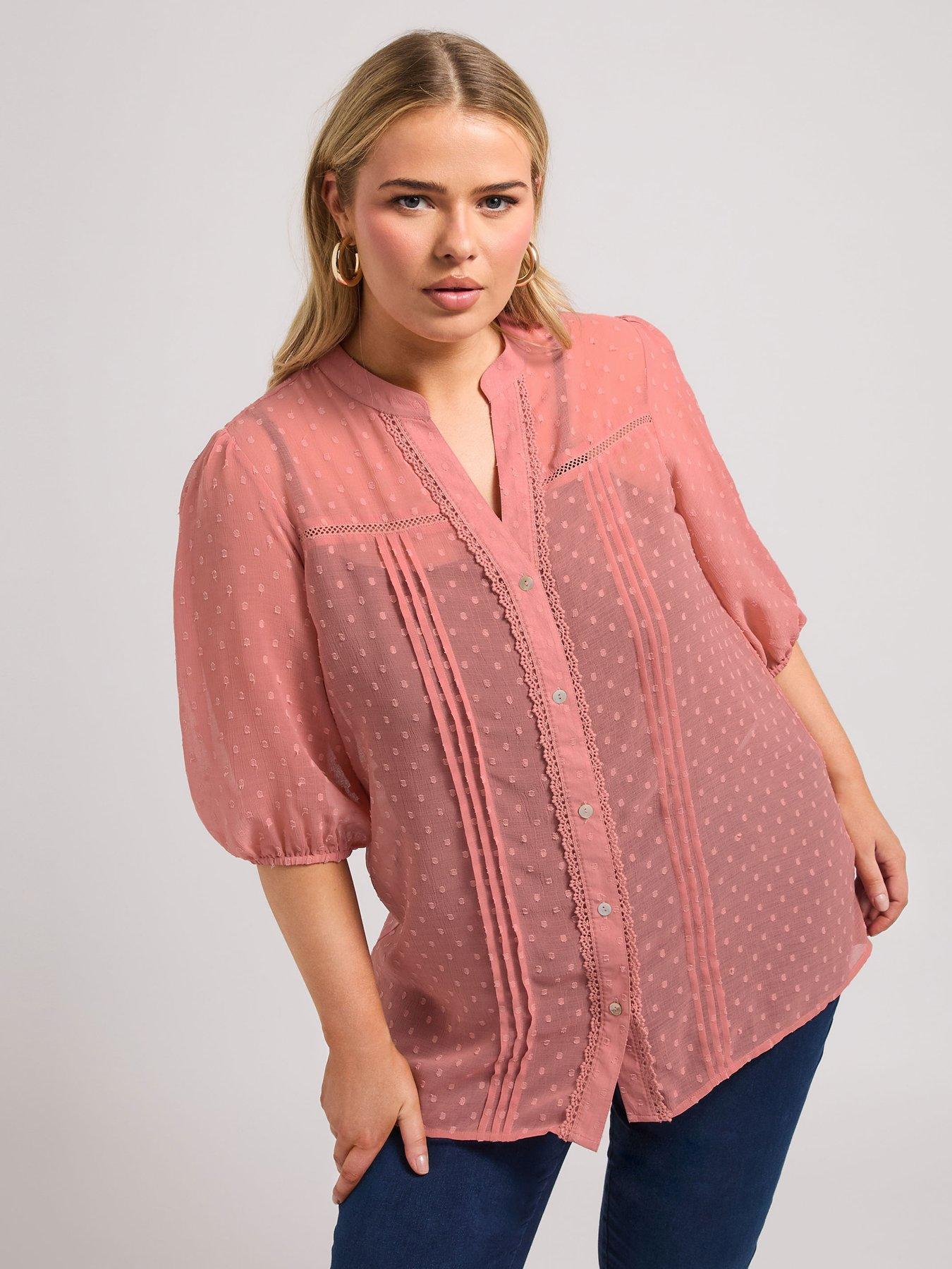 Image 1 of 4 of Yours Curve Dobby Crochet Pleat Blouse - Pink