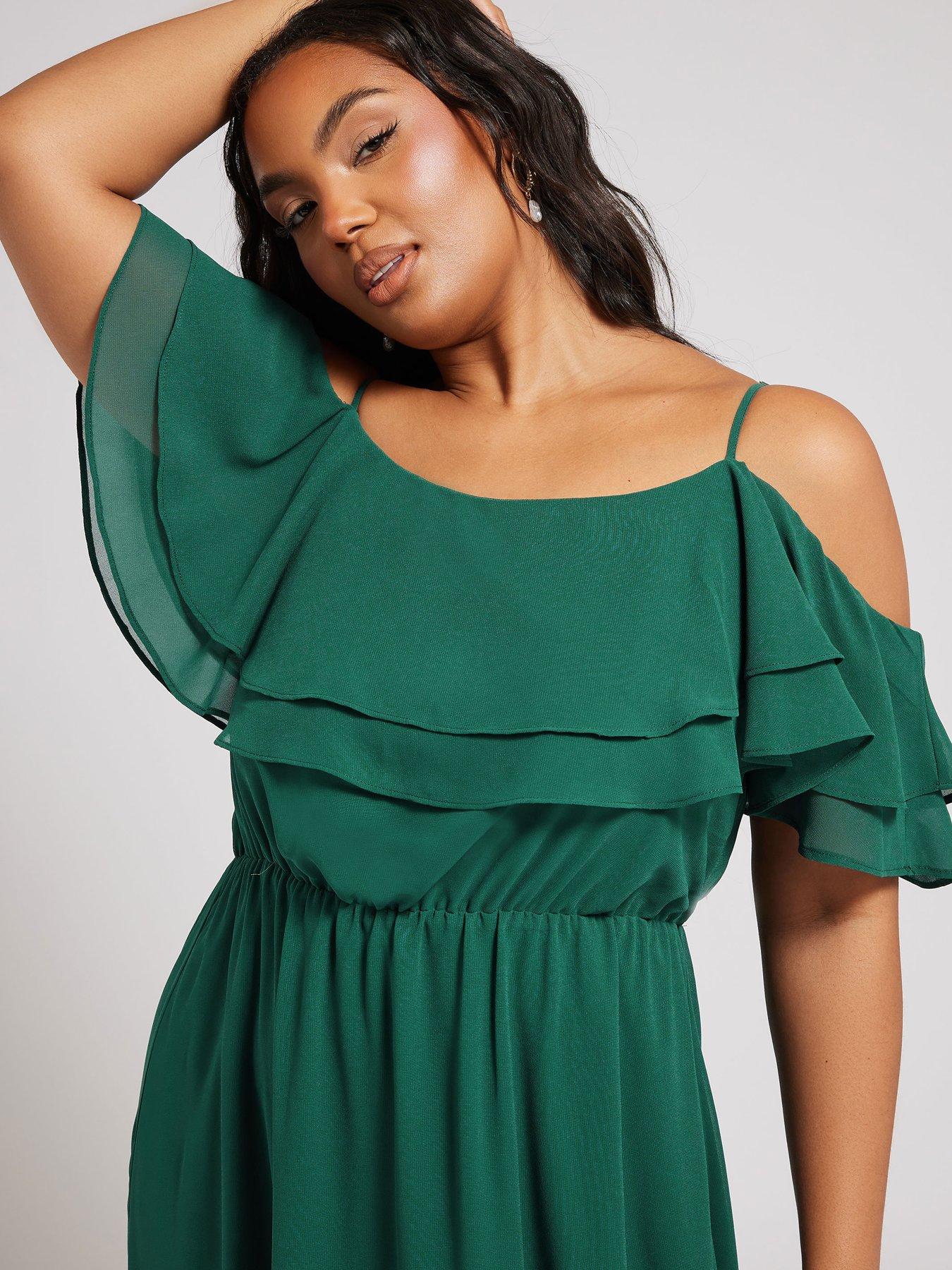 Image 4 of 4 of Yours Curve Cold Shoulder Dress - Green