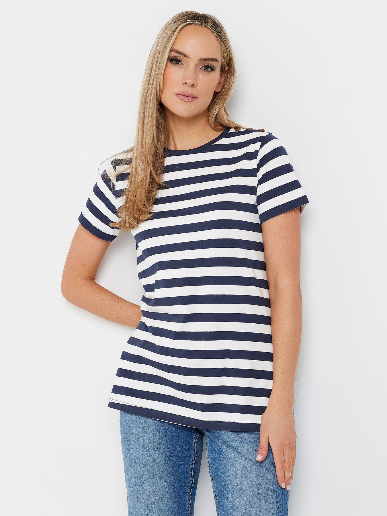 undefined Stripe Button Shoulder T Shirt - Blue