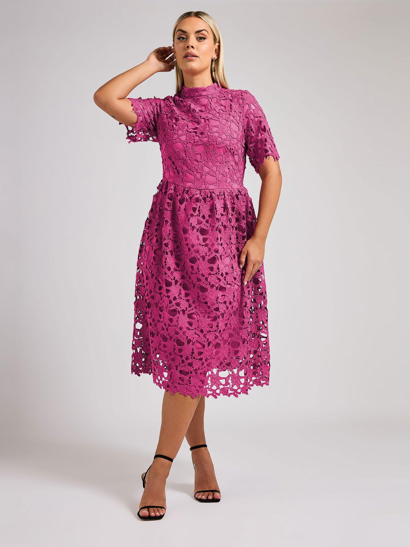 undefined Curve Lace Crochet Midi Dress - Pink