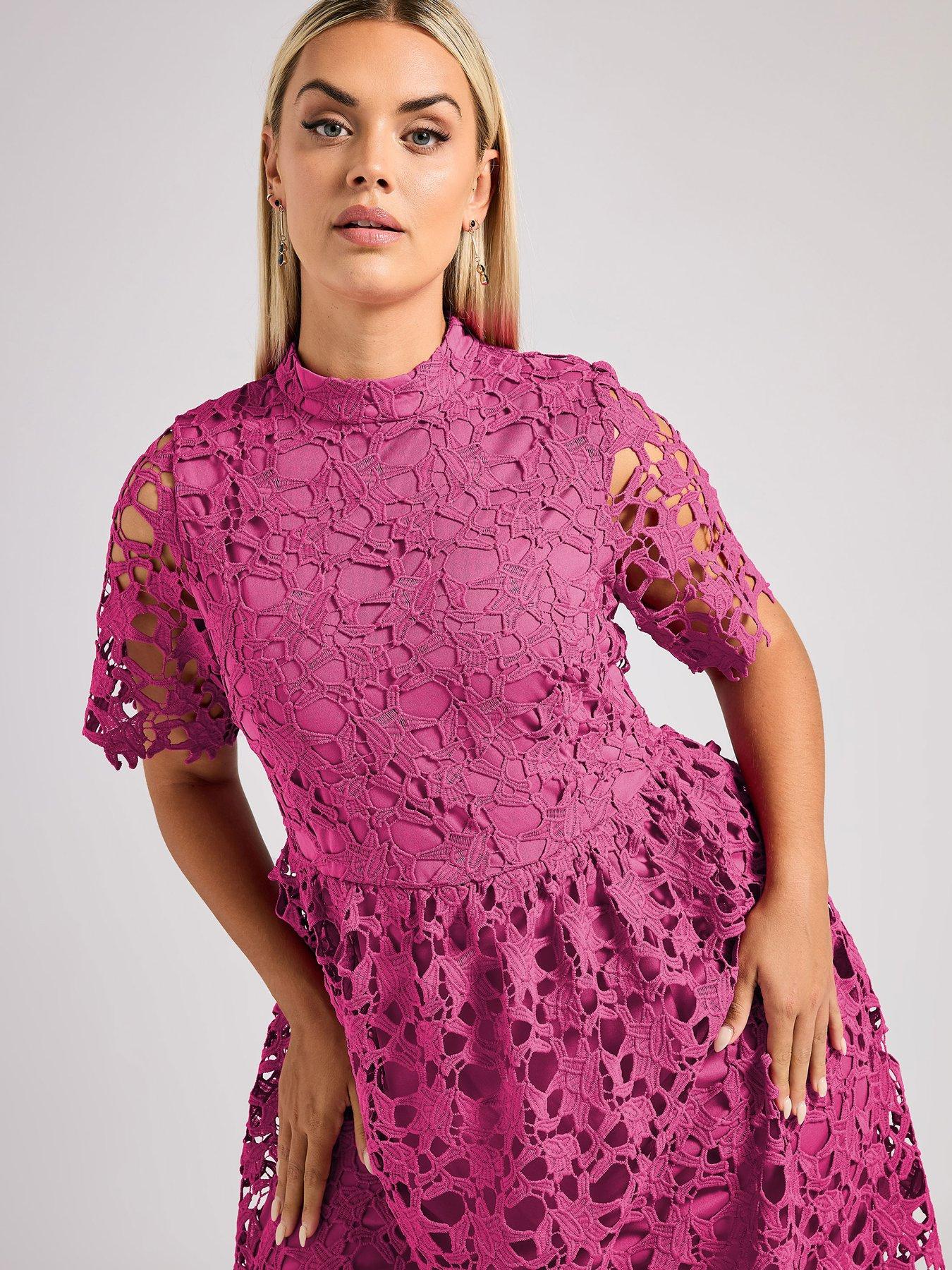 pink lace dress uk Yours Curve Lace Crochet Midi Dress - Pink