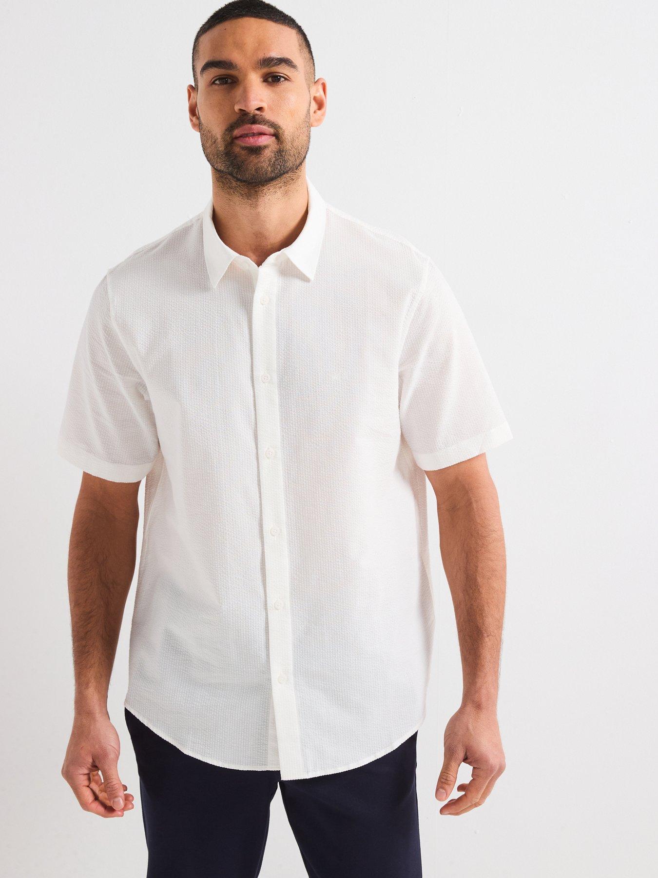 Image 1 of 6 of Armani Exchange Short Sleeve Seersucker Shirt - Off White
