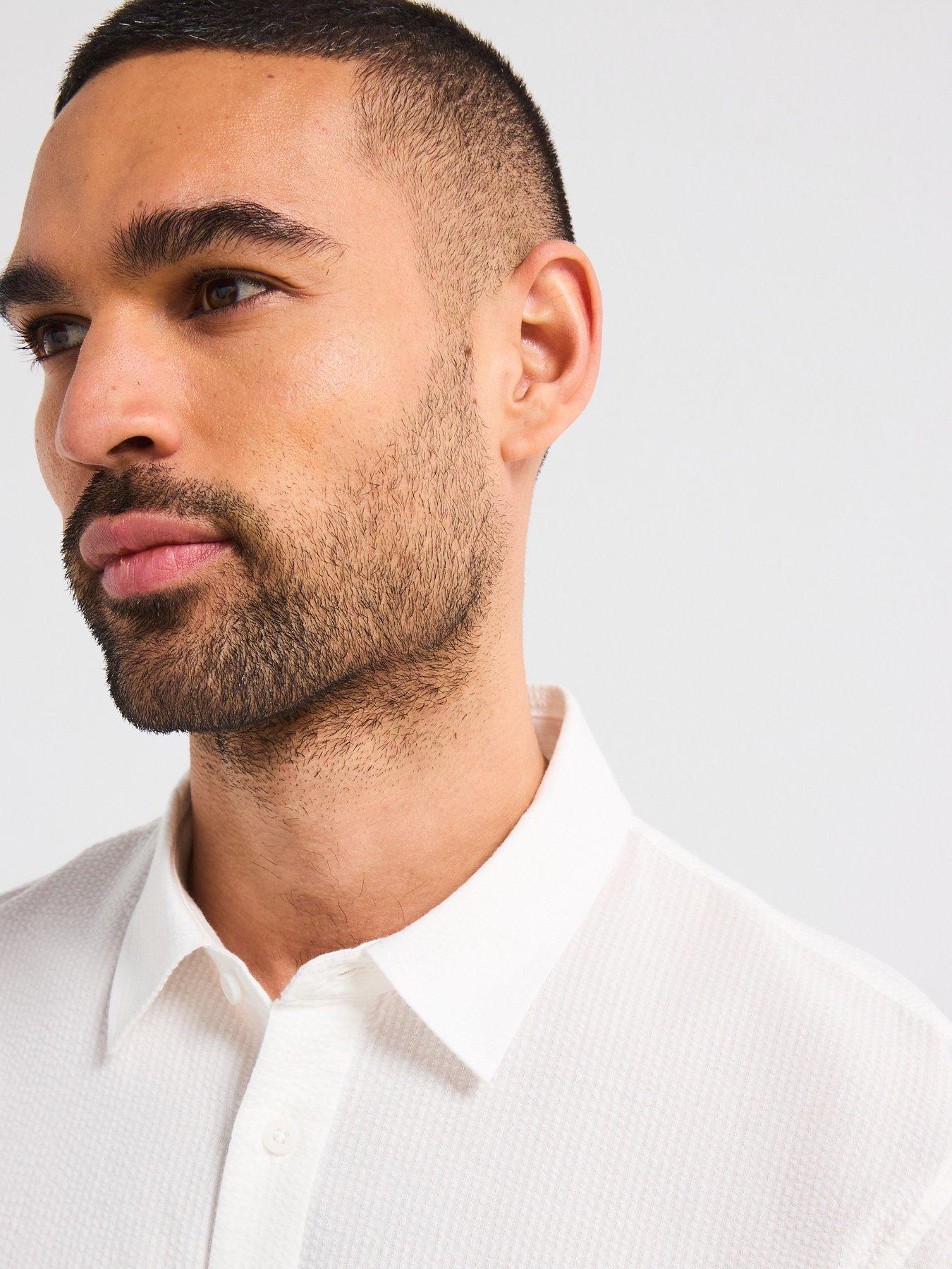 Image 4 of 6 of Armani Exchange Short Sleeve Seersucker Shirt - Off White