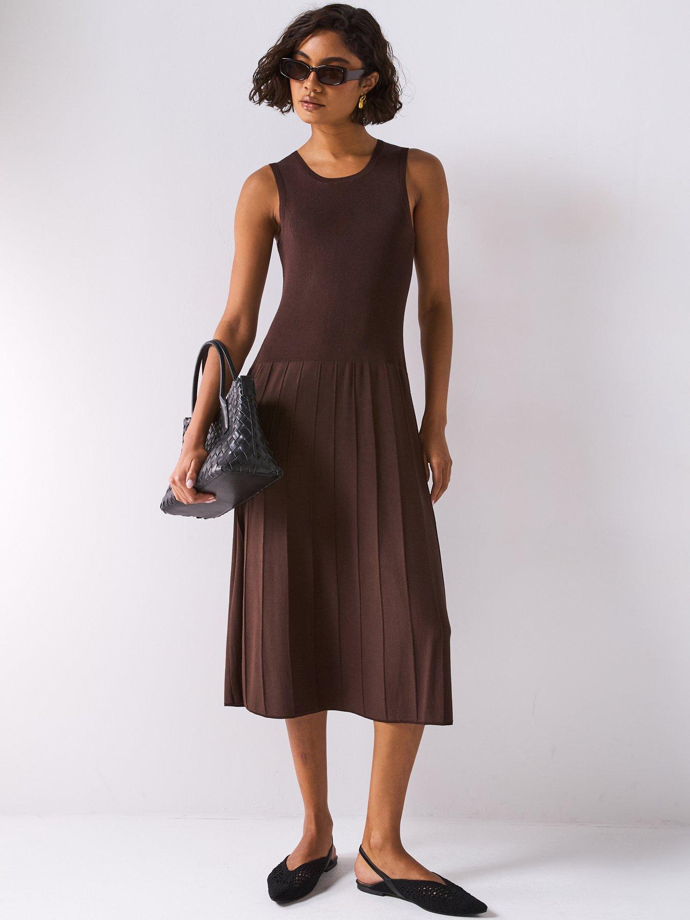 JOSEPH Satin Knit Mix Rib Dress - Dark Brown