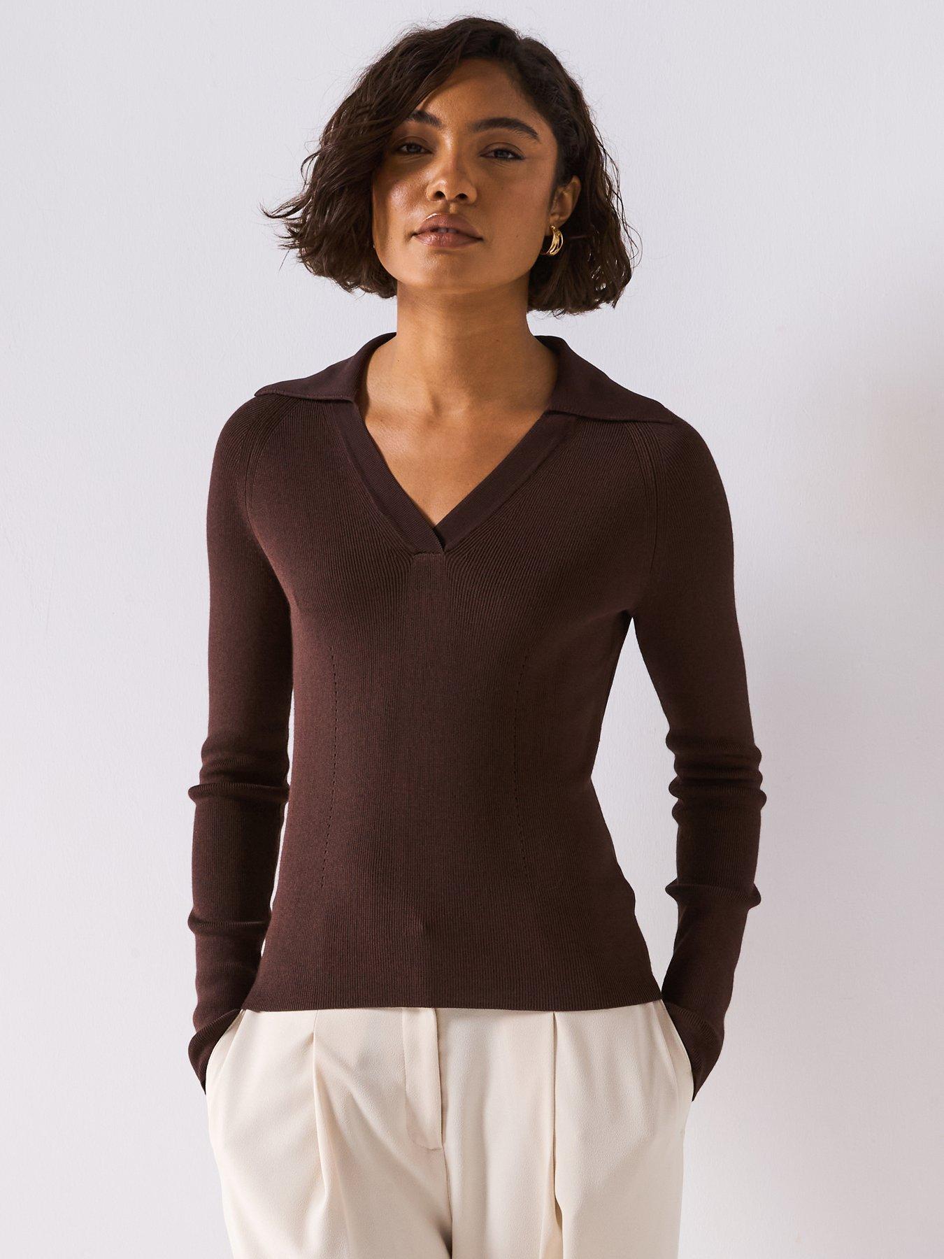 JOSEPH Rib Knit Polo Top - Dark Brown
