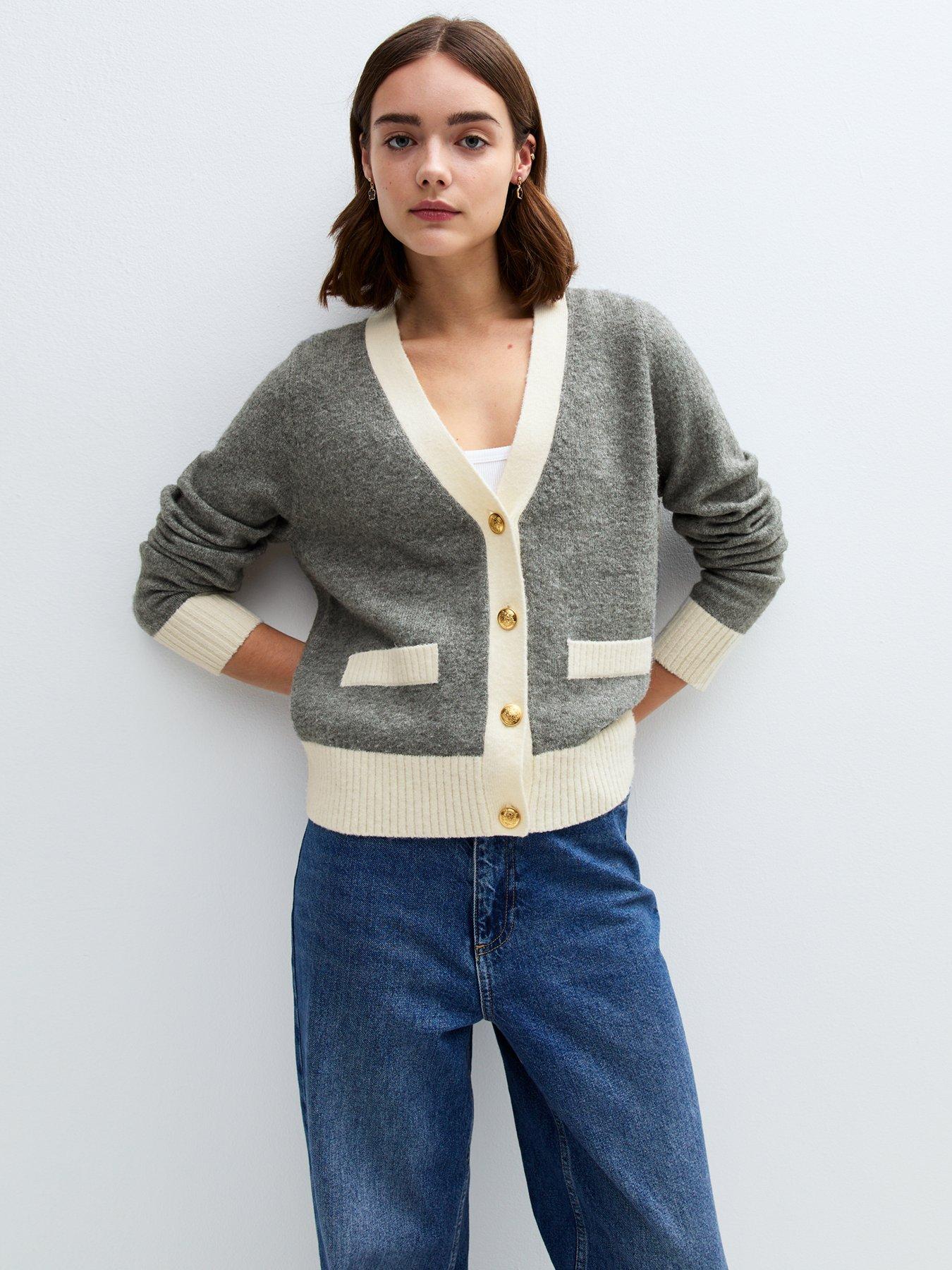 undefined Contrast Trim Brushed Knit Cardigan - Grey