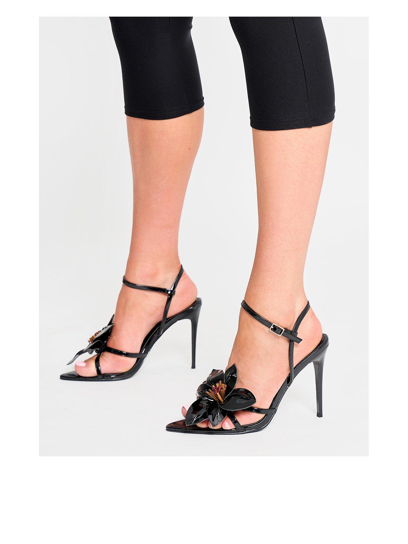 Public Desire Nara Black Satin White Orchid Flower Square Toe Stiletto Mid Heels