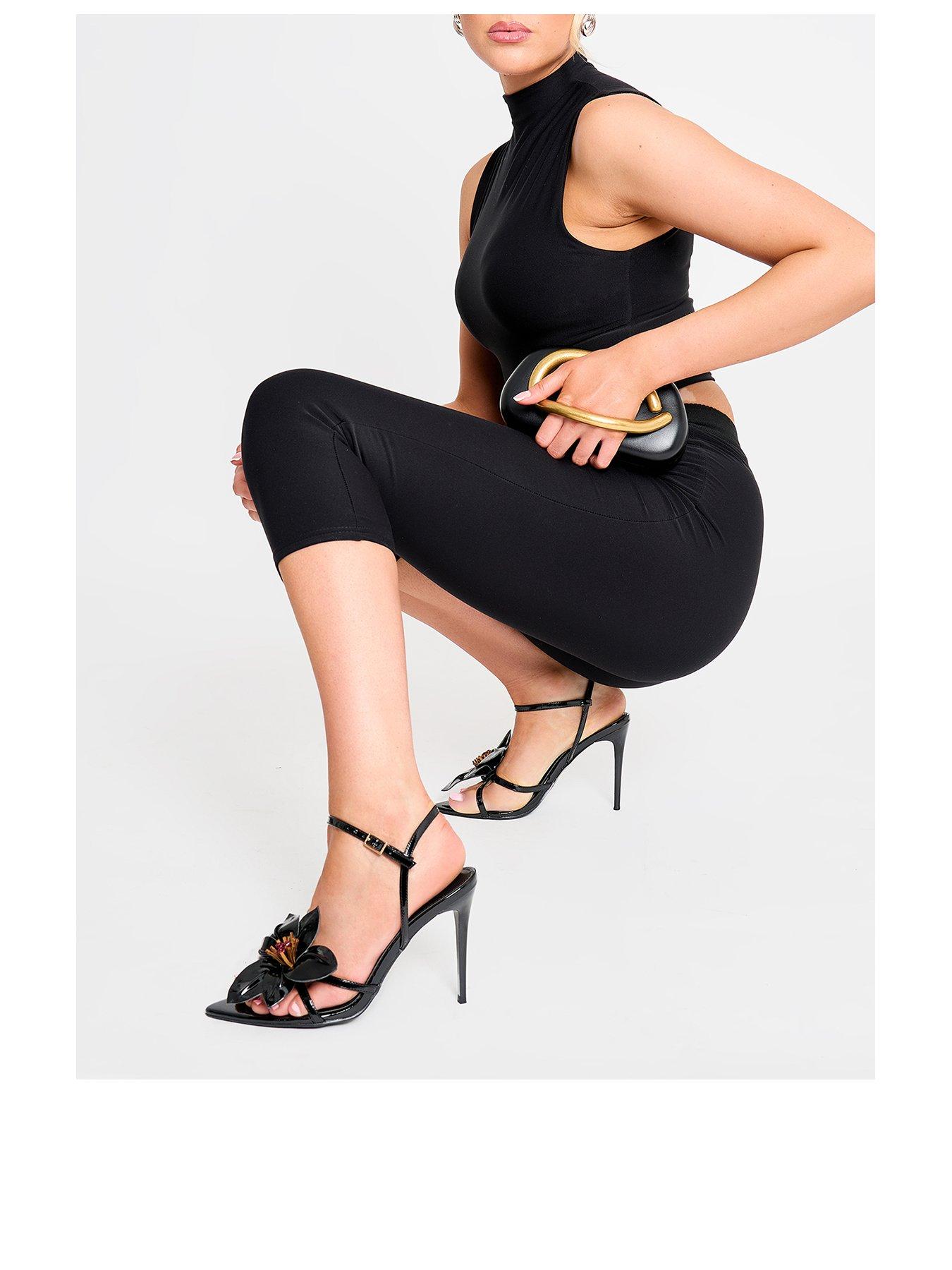 Image 2 of 4 of Public Desire Nara Black Satin White Orchid Flower Square Toe Stiletto Mid Heels