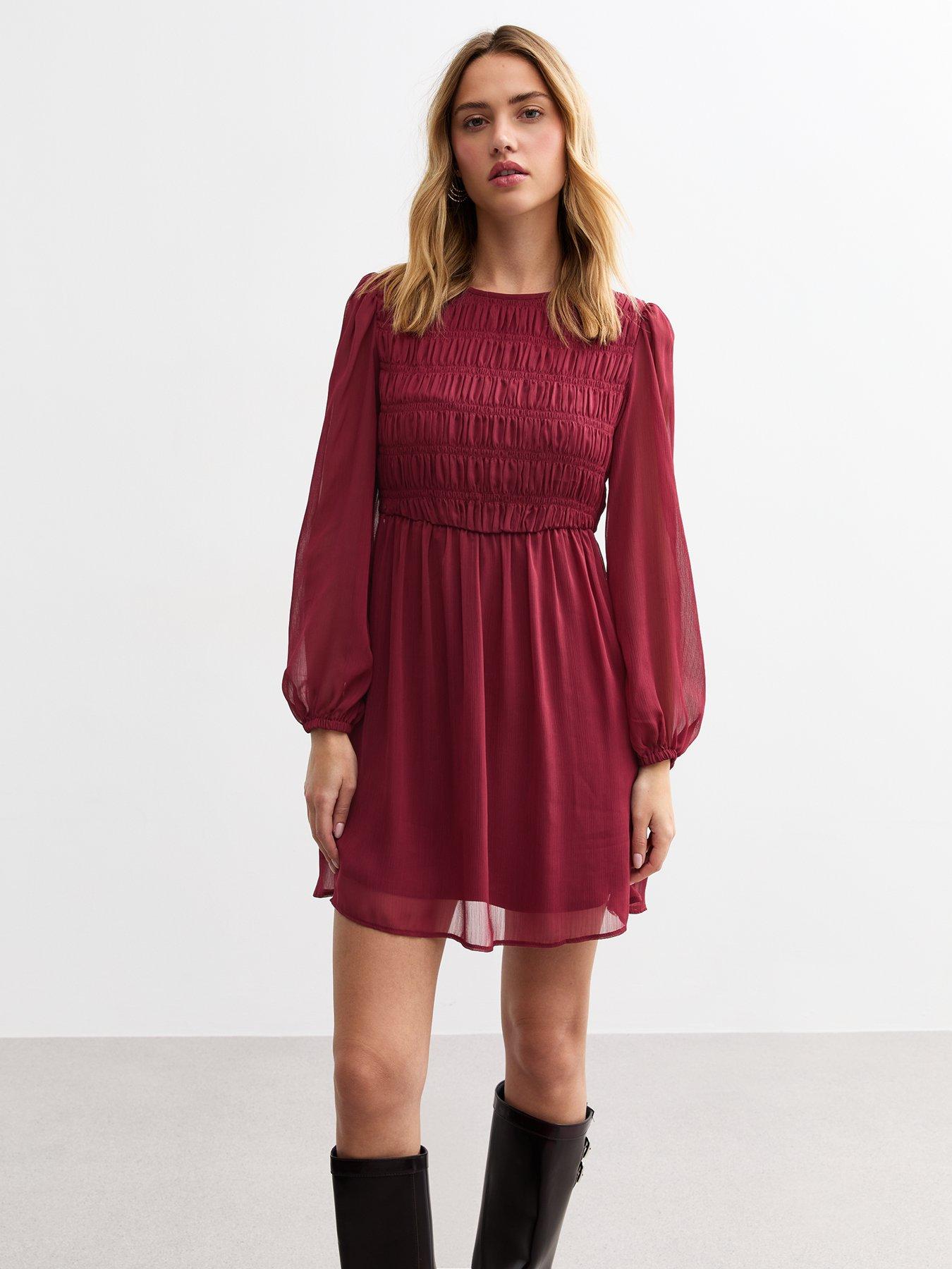 undefined Burgundy Shirred Chiffon Mini Dress - Red