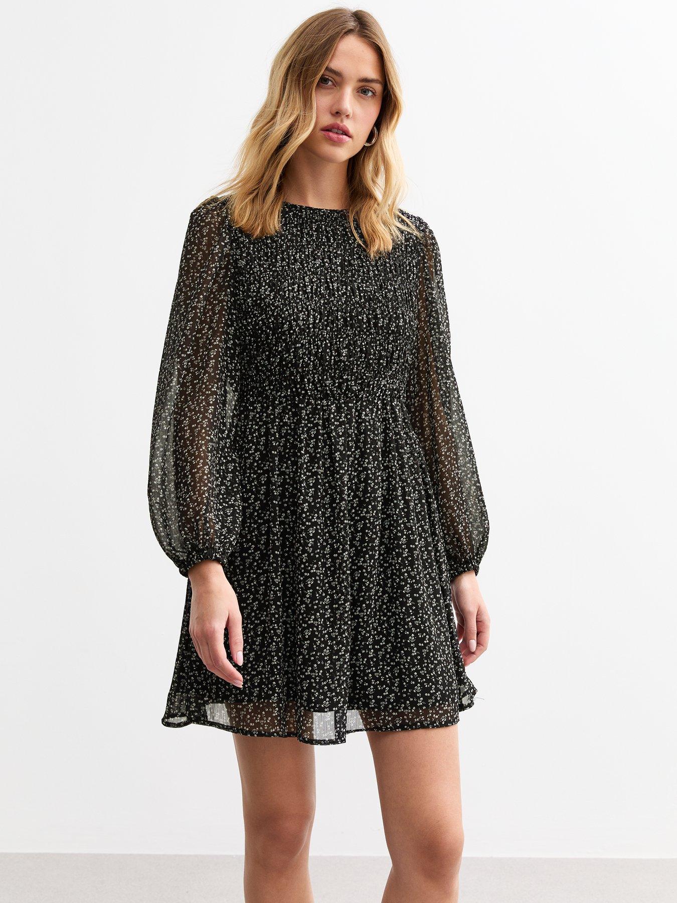 undefined Floral Print Shirred Chiffon Mini Dress - Black