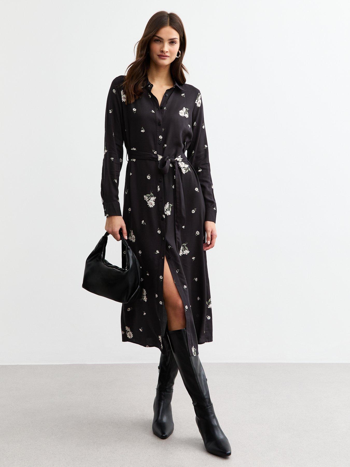 Image 1 of 4 of New Look Daisy Print Belted Midi Shirt Dress - Black