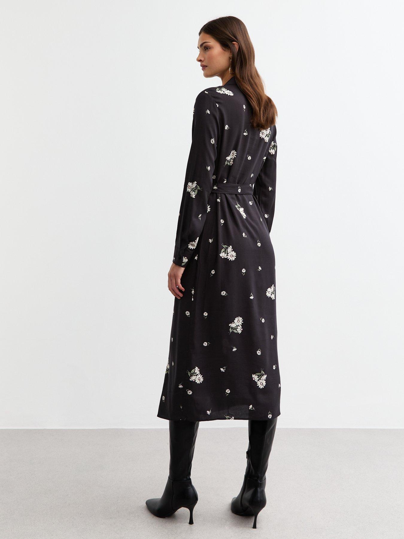Image 2 of 4 of New Look Daisy Print Belted Midi Shirt Dress - Black