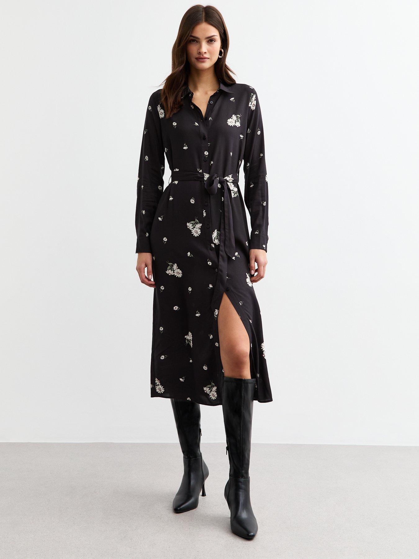 Image 3 of 4 of New Look Daisy Print Belted Midi Shirt Dress - Black