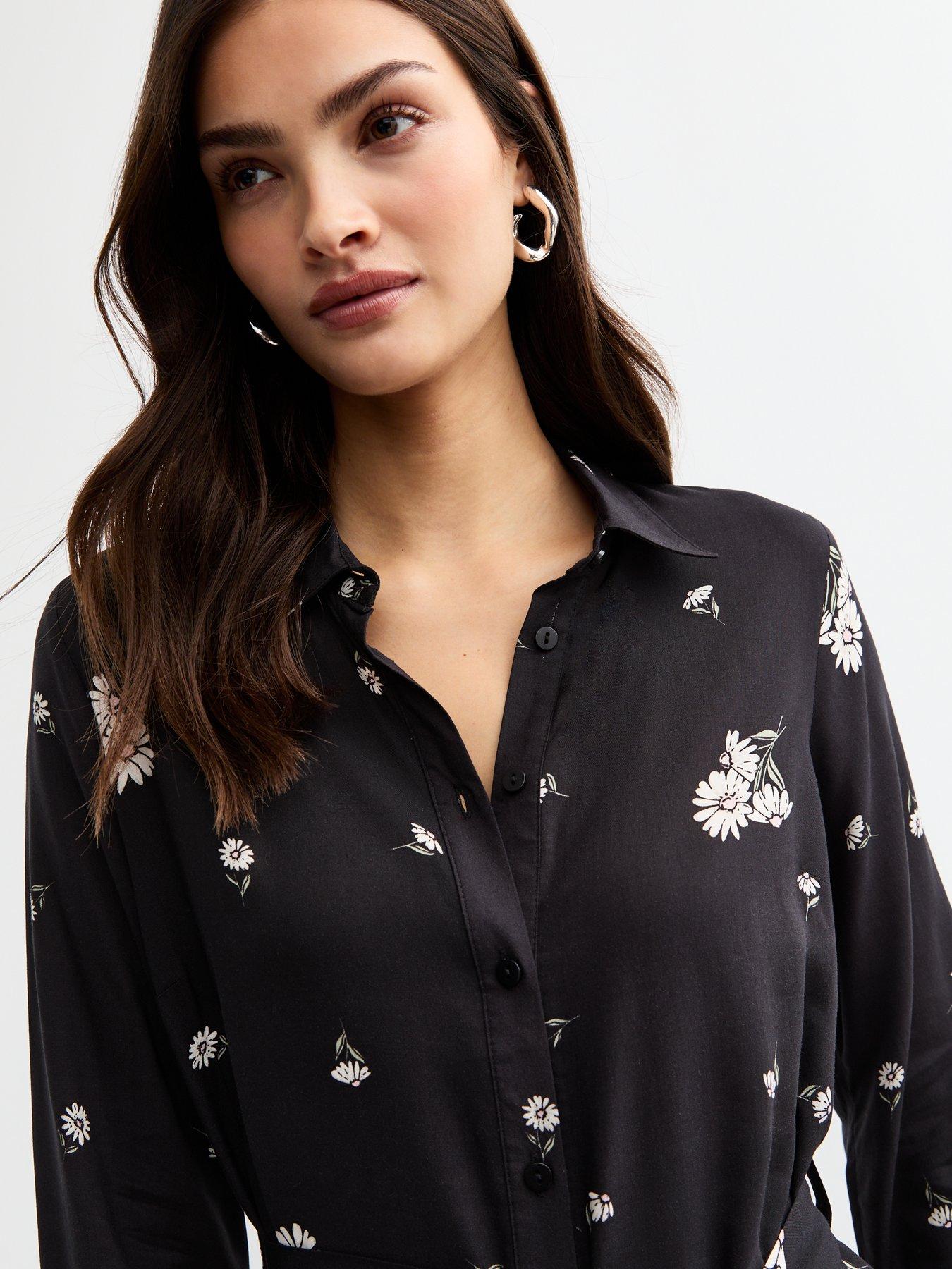 Image 4 of 4 of New Look Daisy Print Belted Midi Shirt Dress - Black