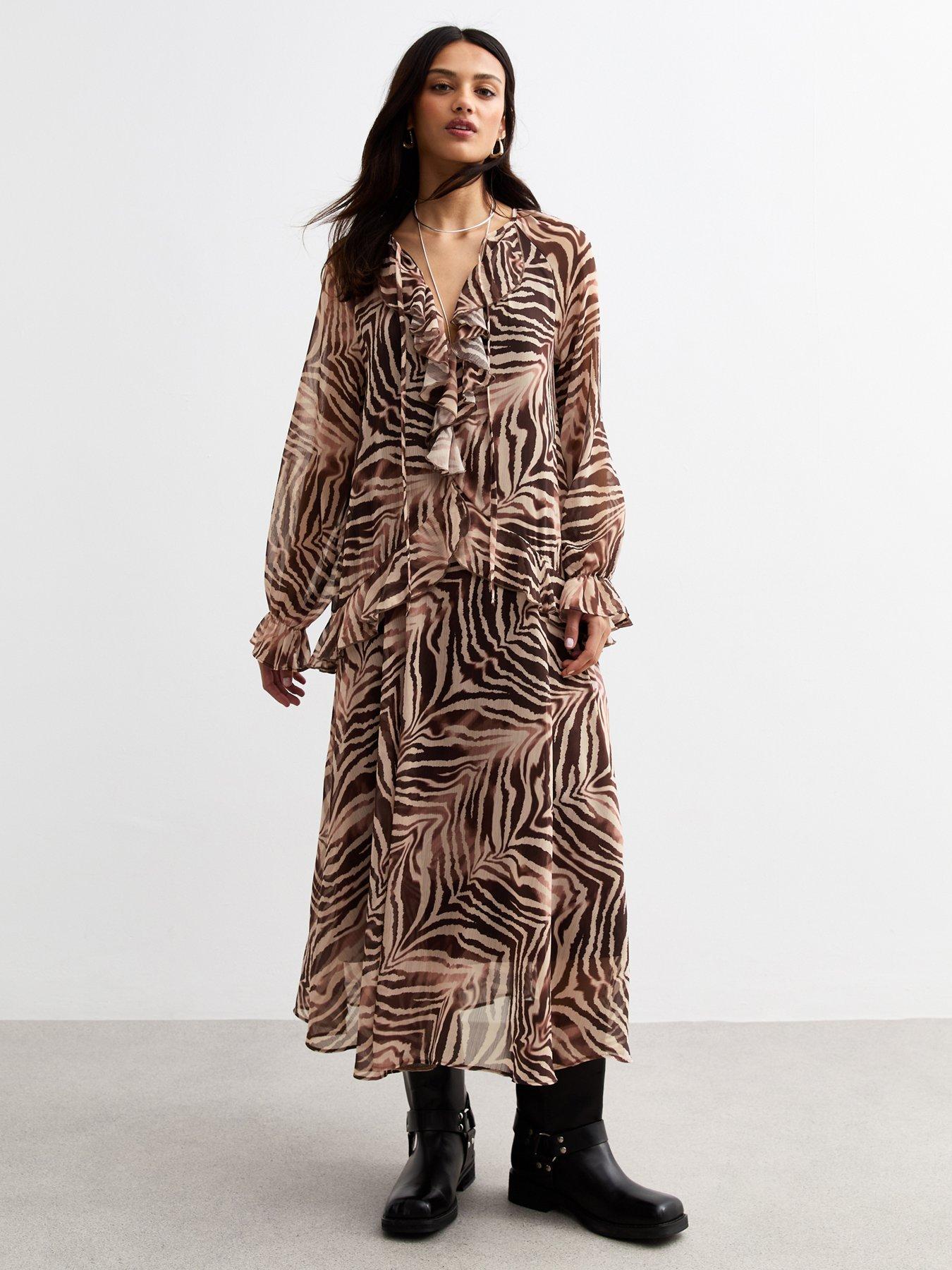 New Look Zebra Print Ruffle Trim Chiffon Midi Dress - Brown