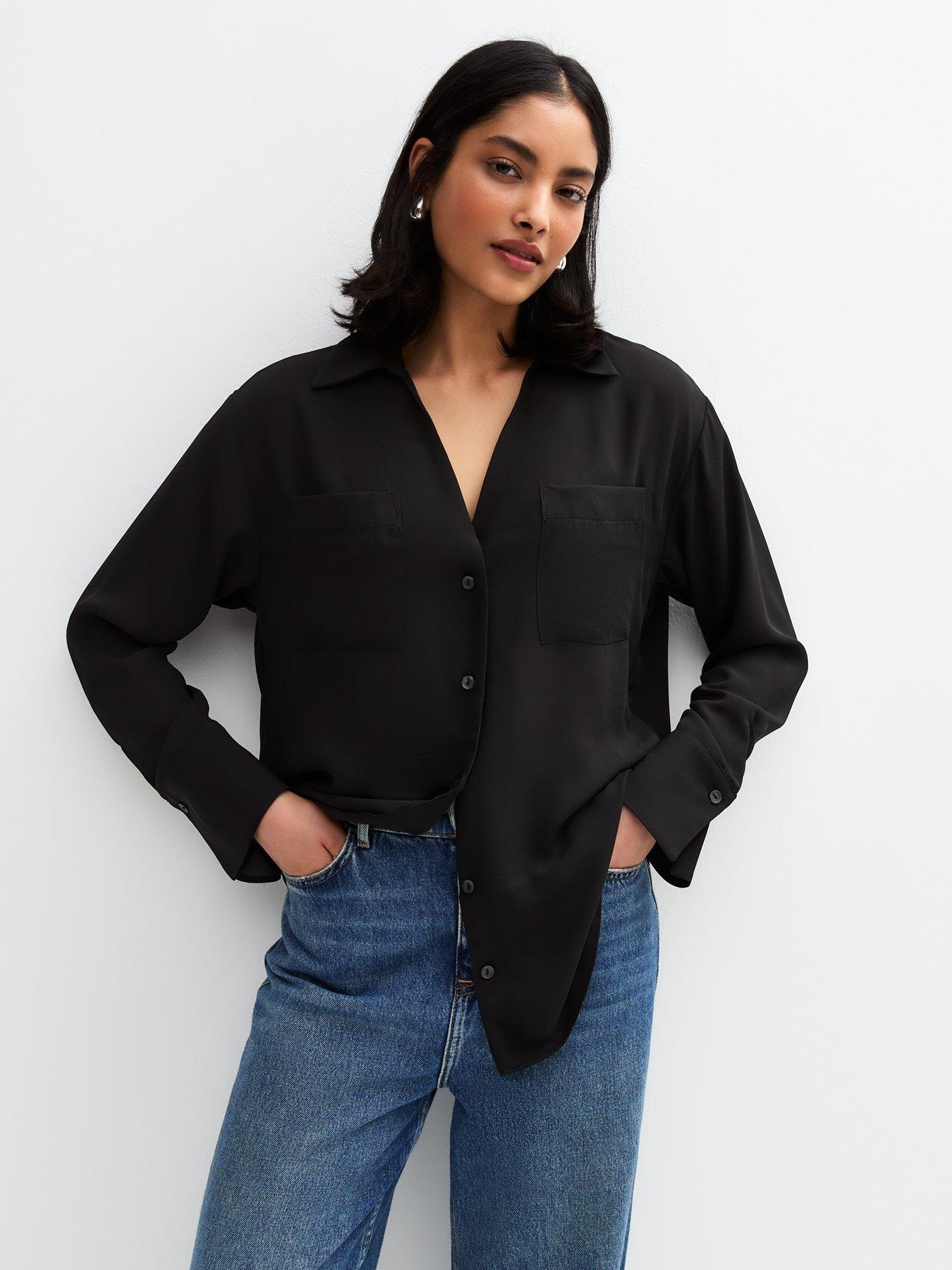 undefined V-Neck Curved Hem Shirt - Black