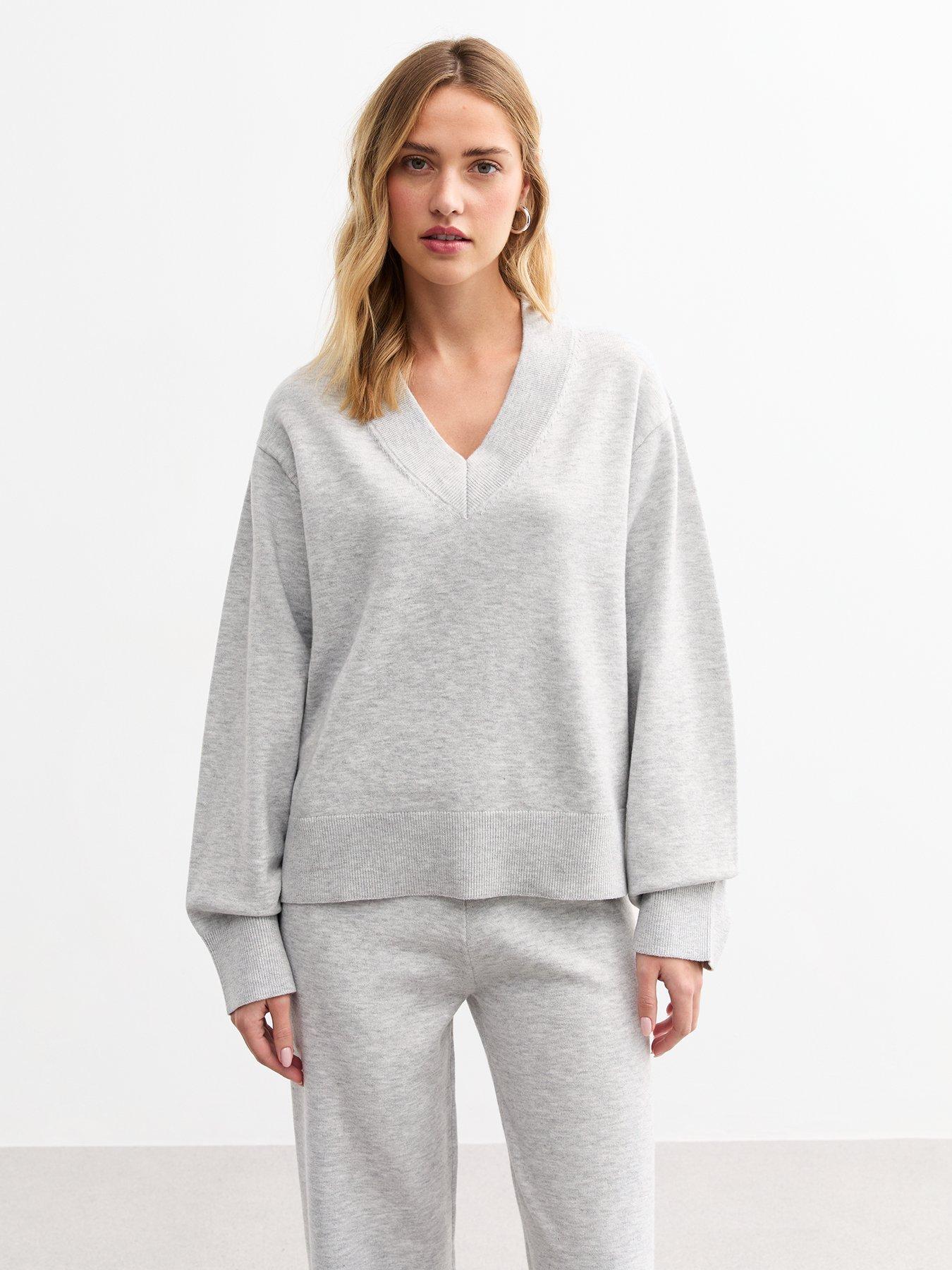 New Look V-Neck Slit Hem Jumper - Grey