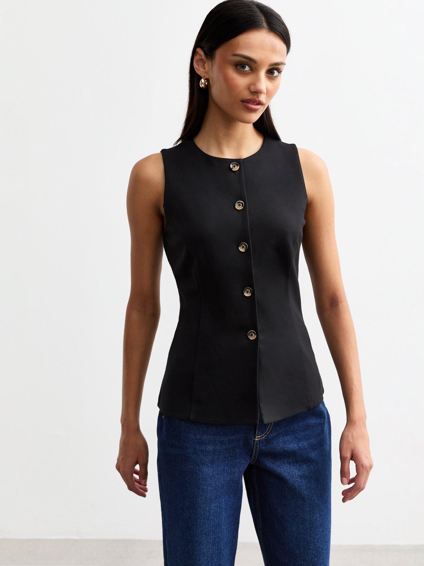 undefined Buttoned Crew Neck Ponte Waistcoat - Black