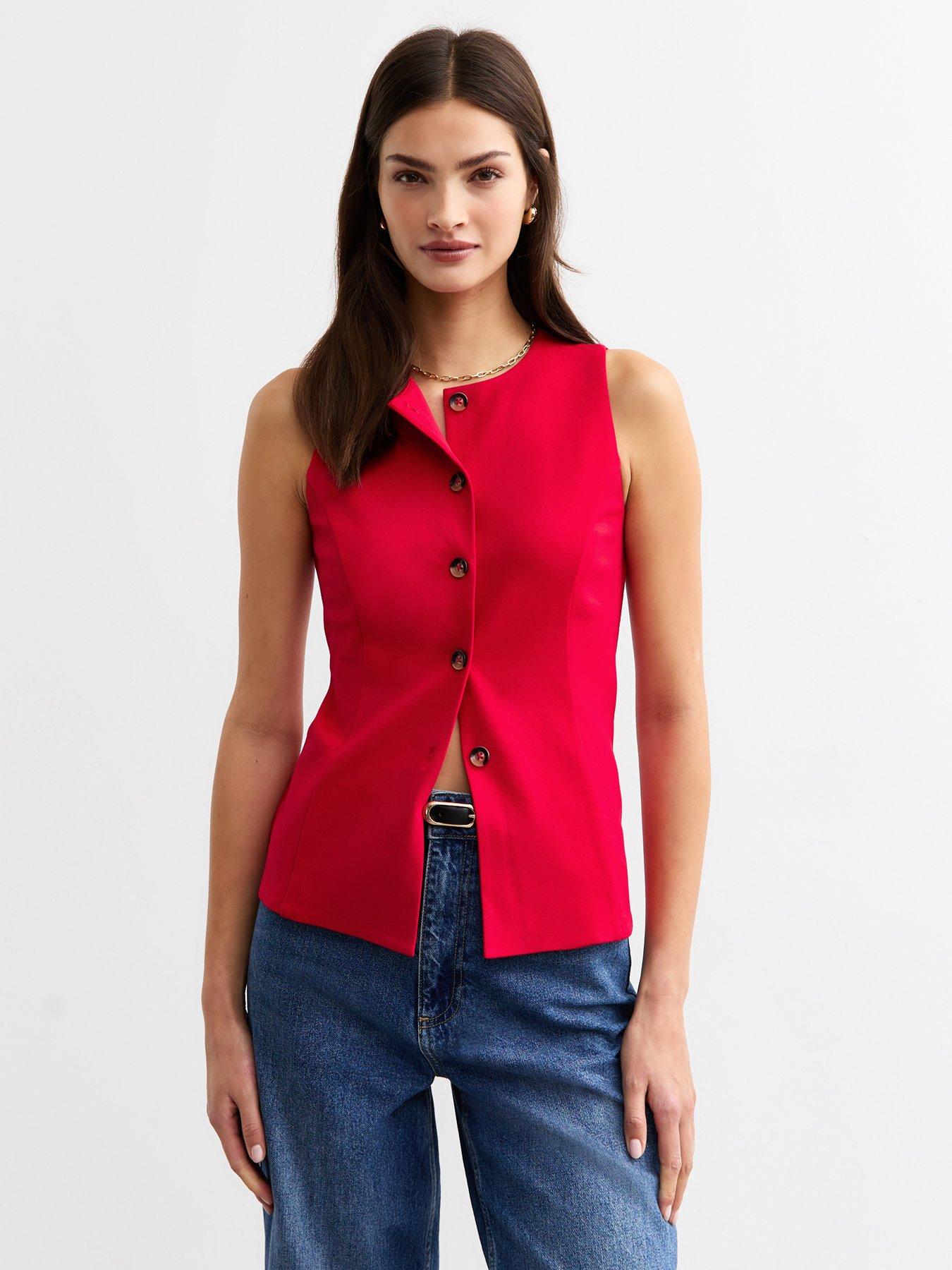 undefined Buttoned Crew Neck Ponte Waistcoat - Red