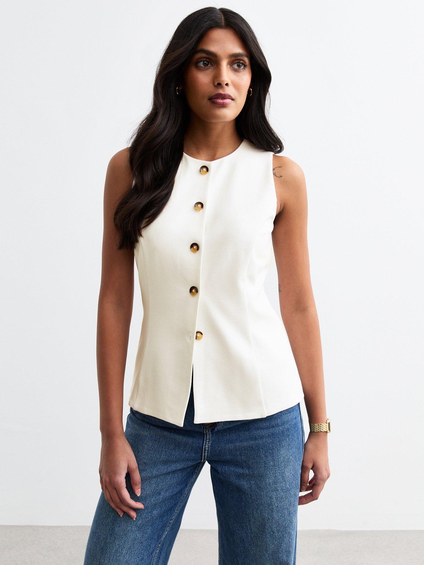 undefined Buttoned Crew Neck Ponte Waistcoat - White