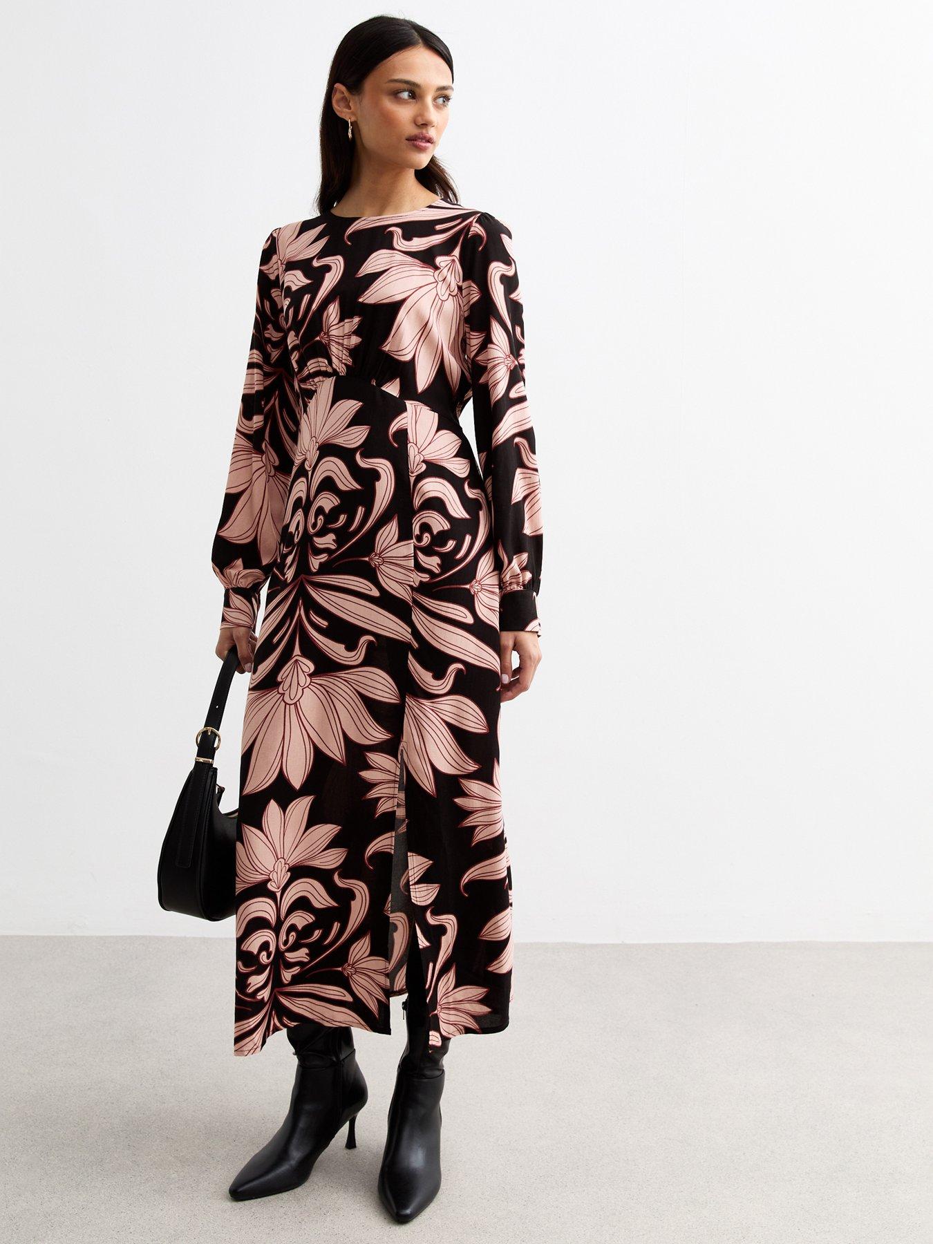 undefined Floral Print Slit Hem Midi Dress - Black