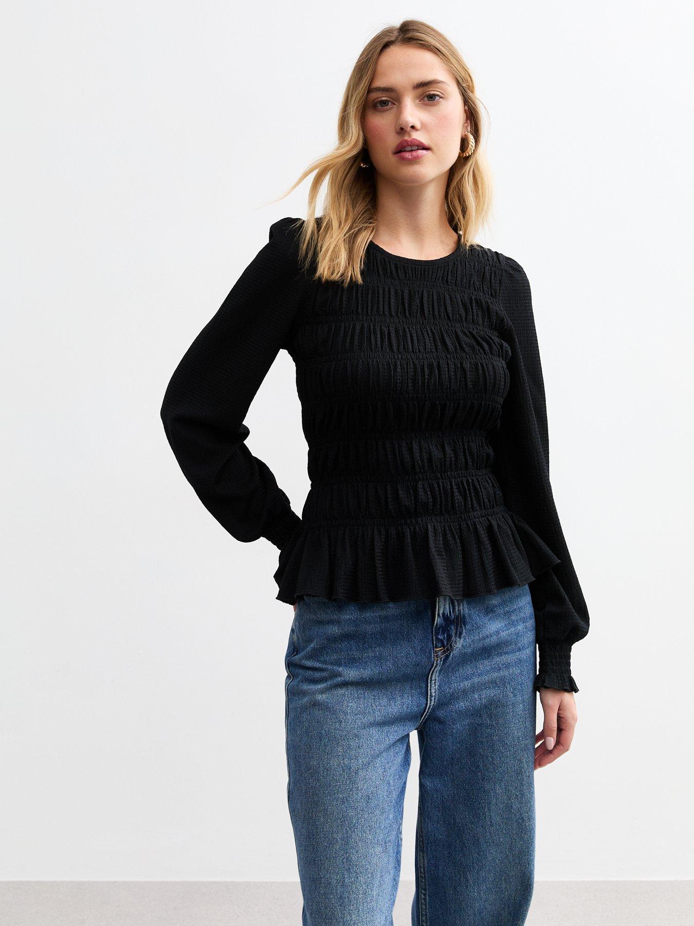 undefined Black Shirred Peplum Top