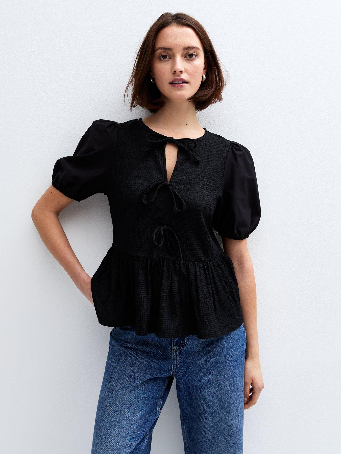 undefined Black Tie Neck Peplum Top