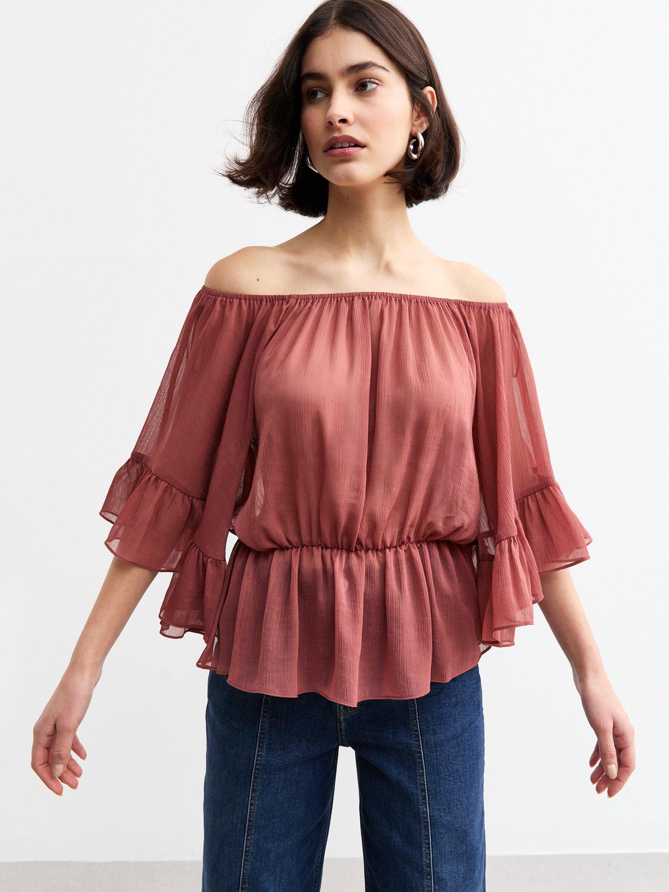 Image 1 of 4 of New Look Chiffon Peplum Hem Bardot Blouse - Red