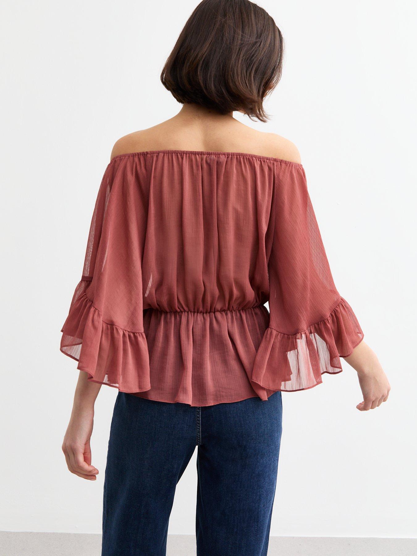 Image 2 of 4 of New Look Chiffon Peplum Hem Bardot Blouse - Red