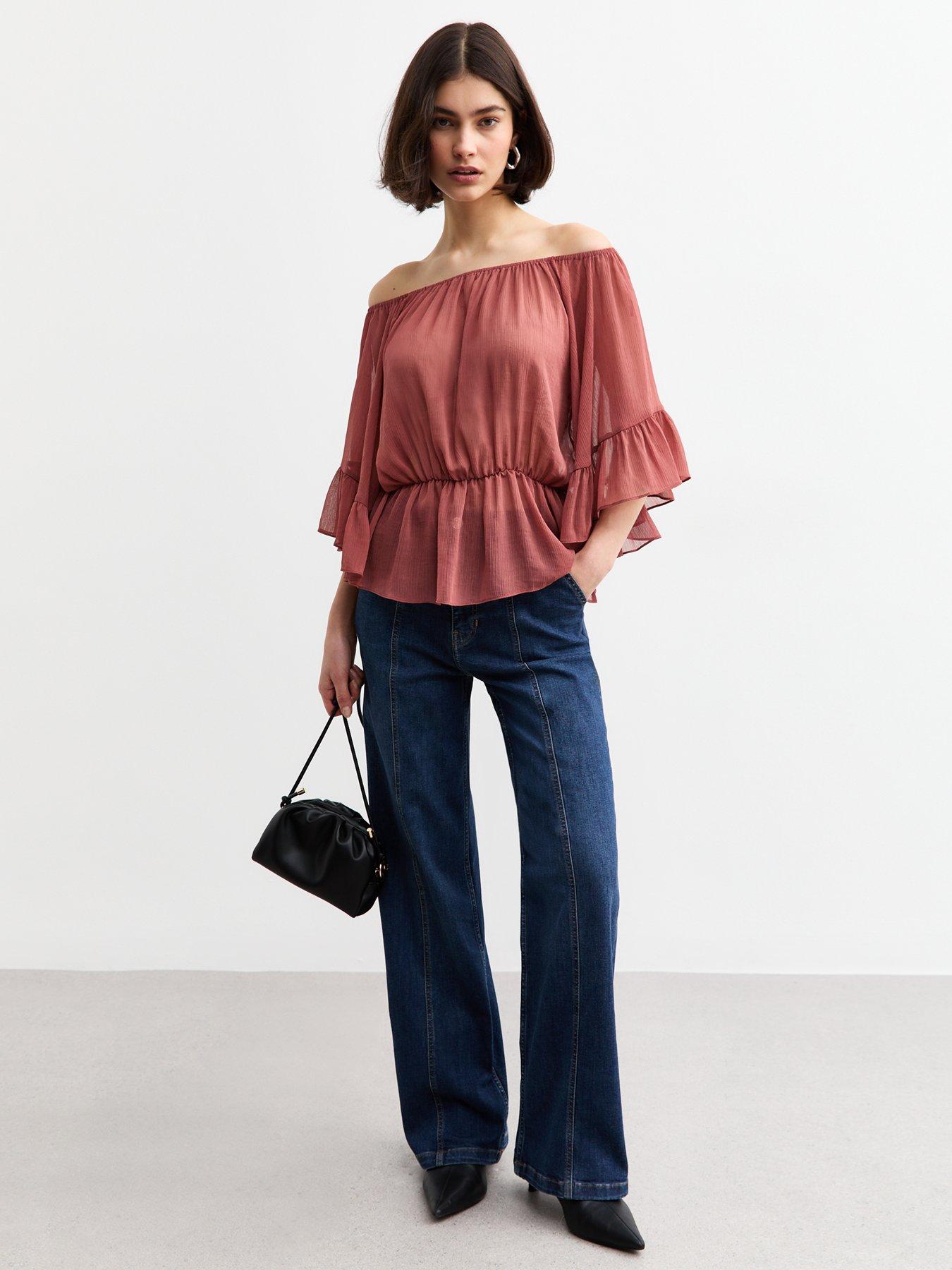 Image 3 of 4 of New Look Chiffon Peplum Hem Bardot Blouse - Red
