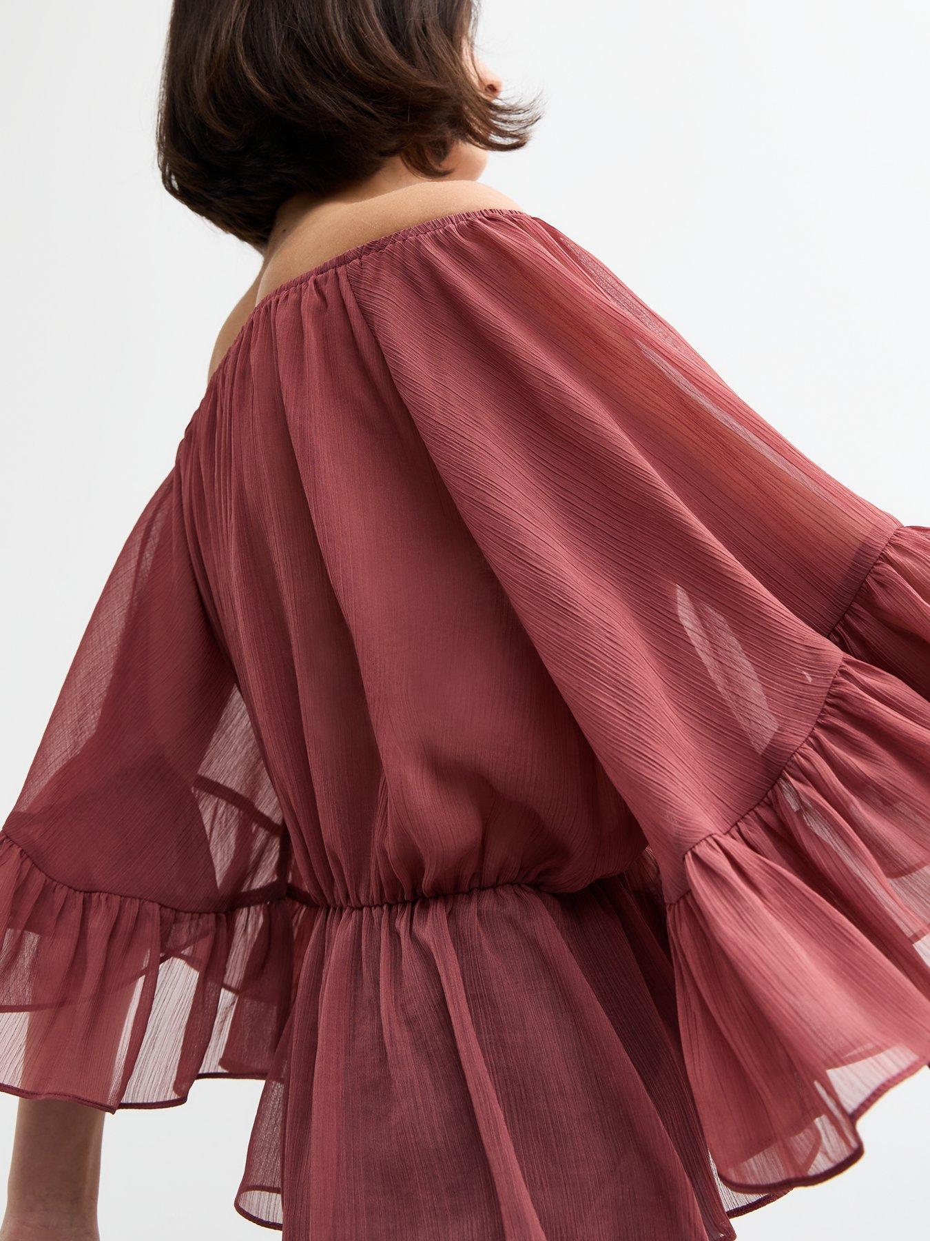 Image 4 of 4 of New Look Chiffon Peplum Hem Bardot Blouse - Red