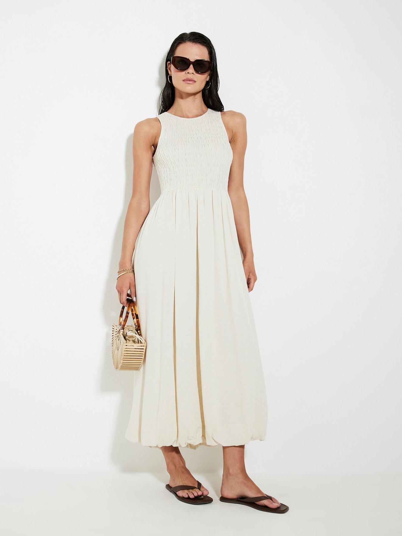 Image 1 of 5 of River Island Puff Ball Racer Midi Dress - Beige