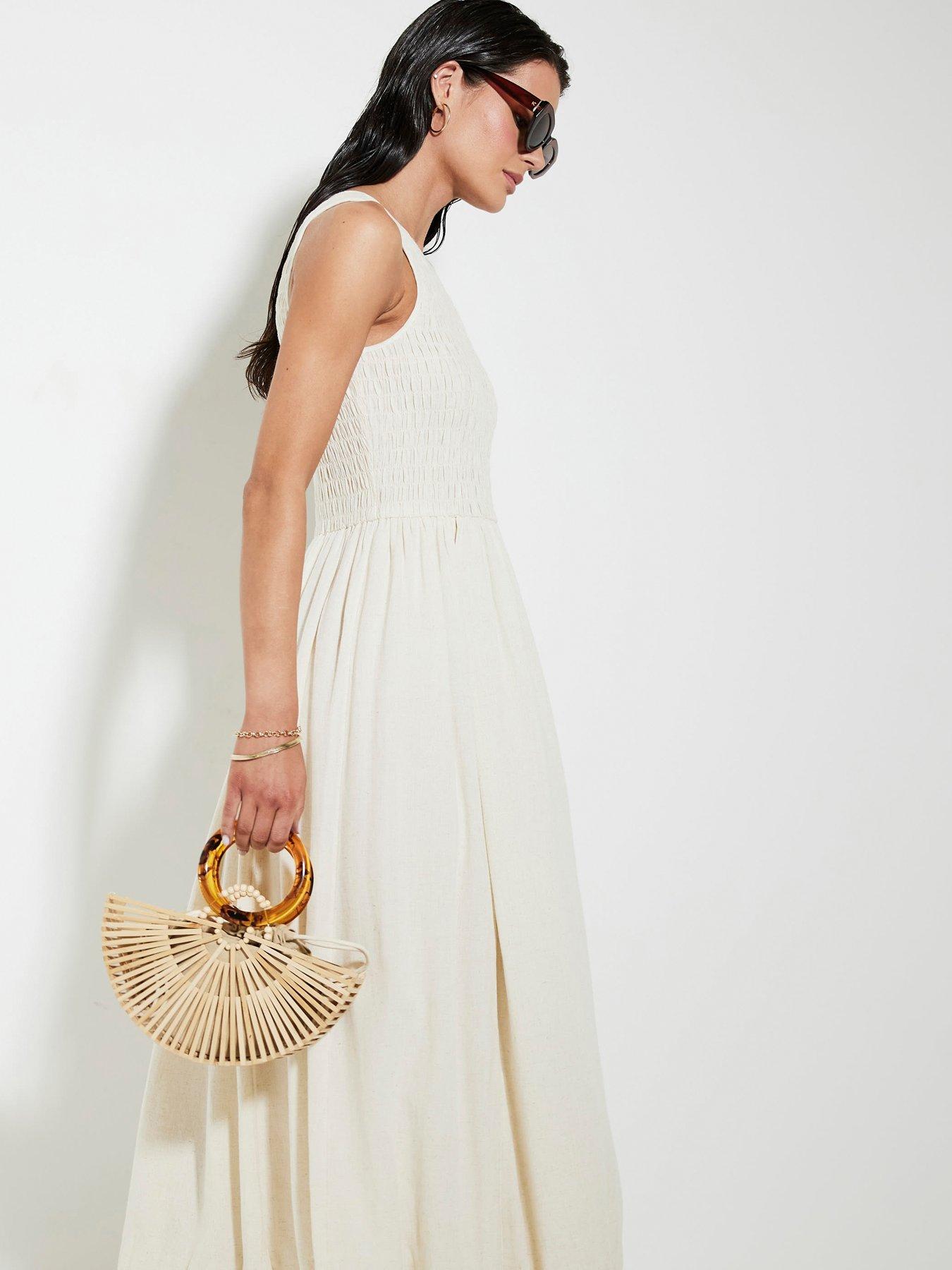 Image 4 of 5 of River Island Puff Ball Racer Midi Dress - Beige