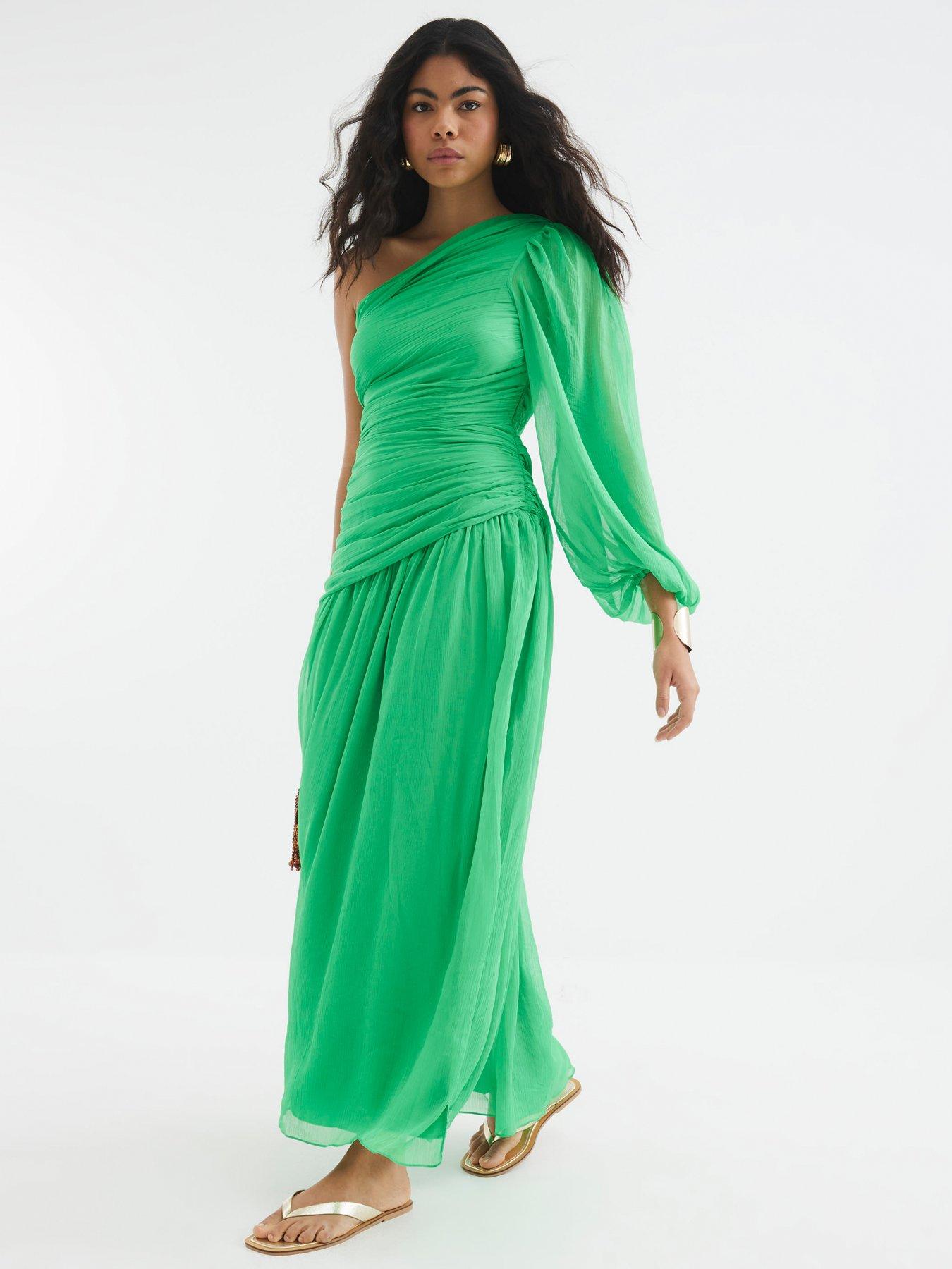 undefined One Shoulder Plisse Midi Dress - Green