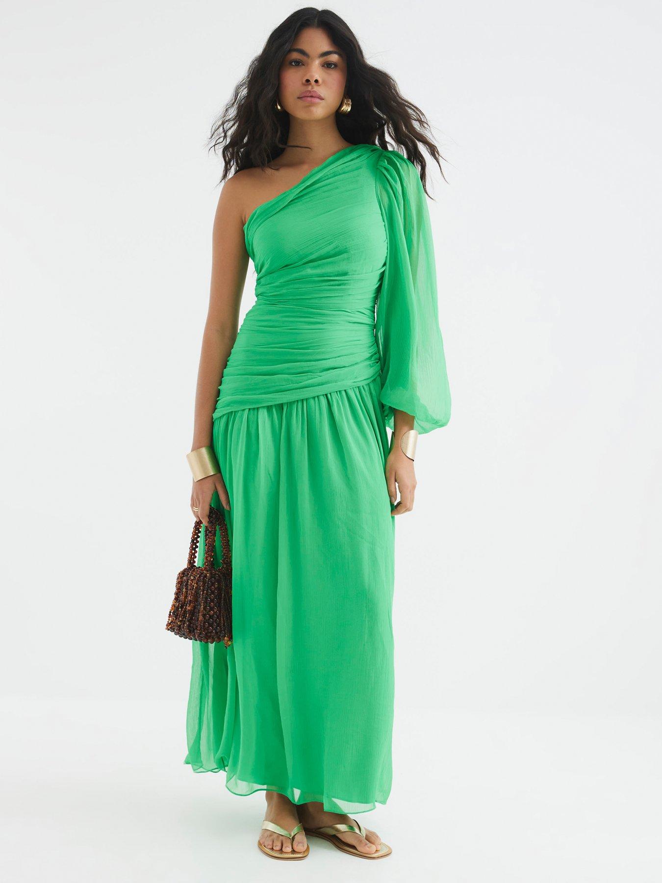 River Island One Shoulder Plisse Midi Dress - Green | Very