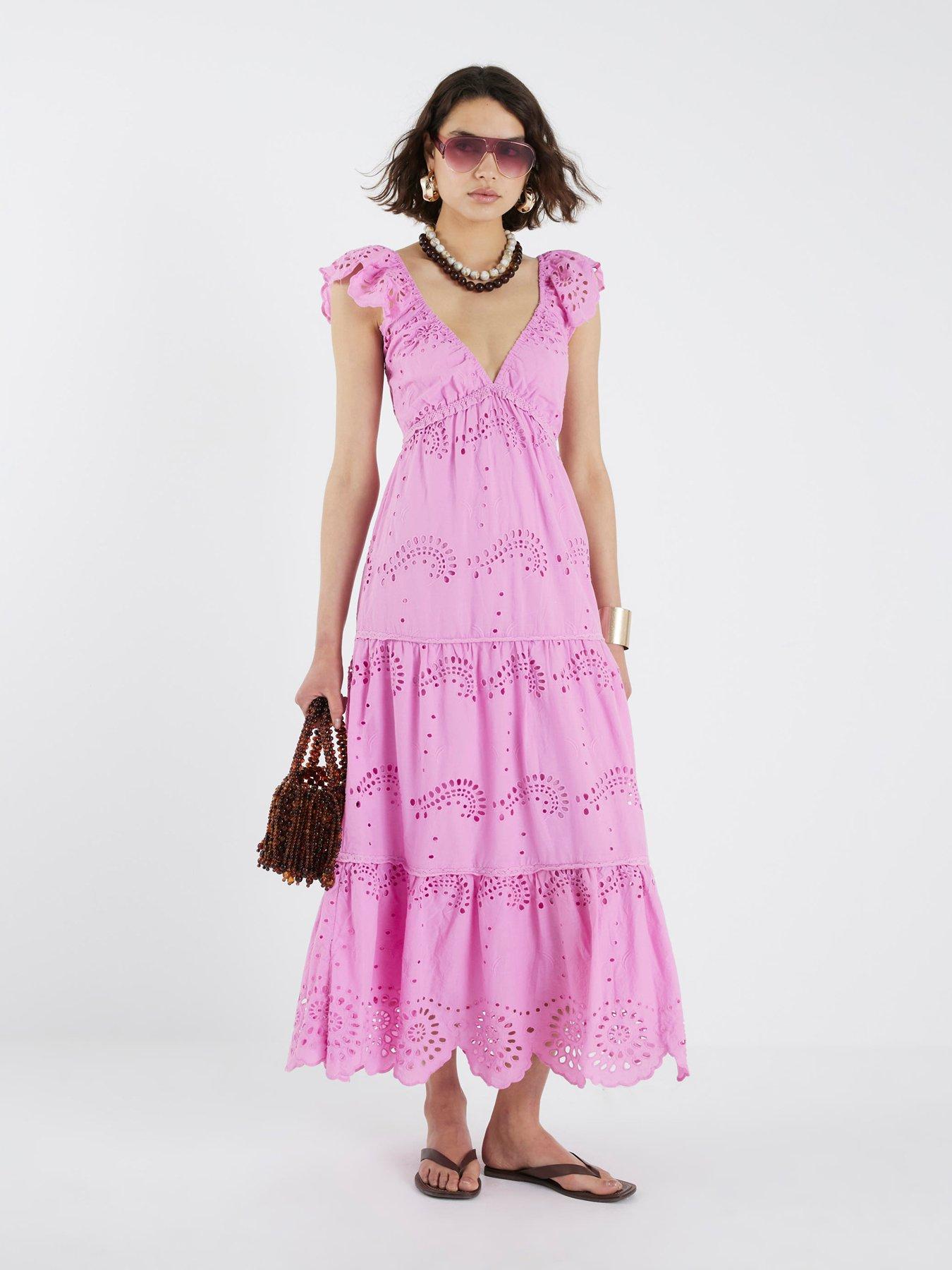 undefined Broderie Midi Dress - Pink