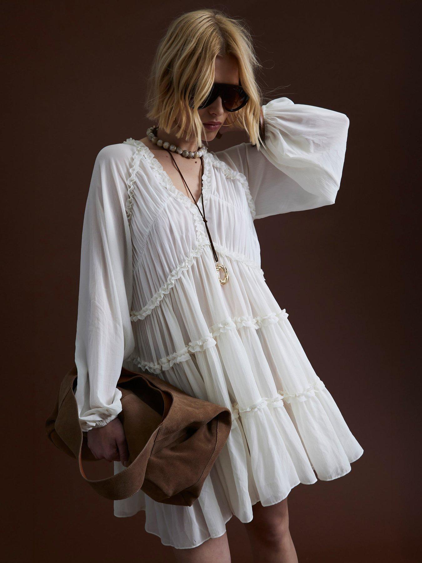 undefined Ruffle Smock Dress - Cream
