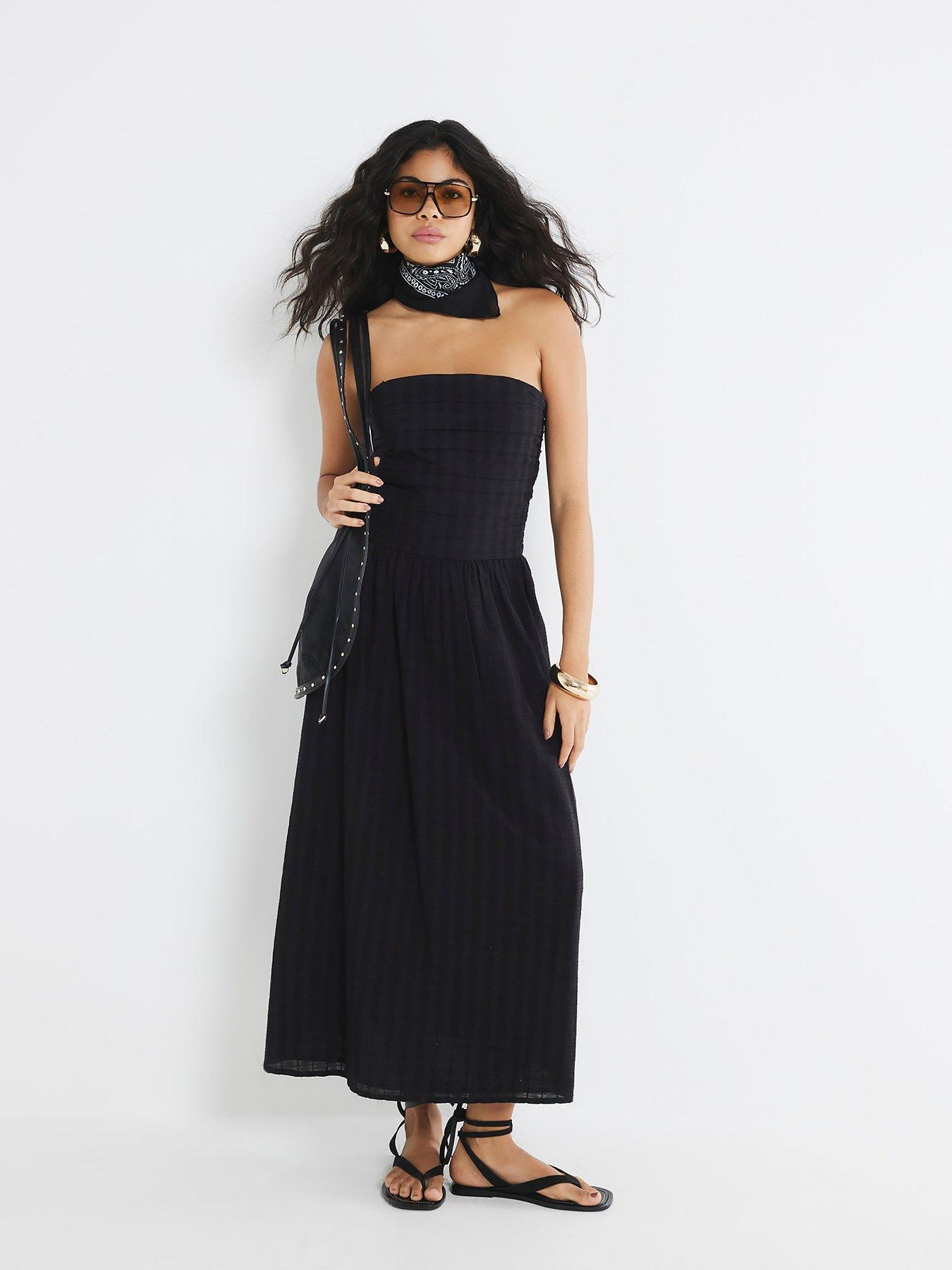 undefined Pleated Bandeau Midi Dress - Black
