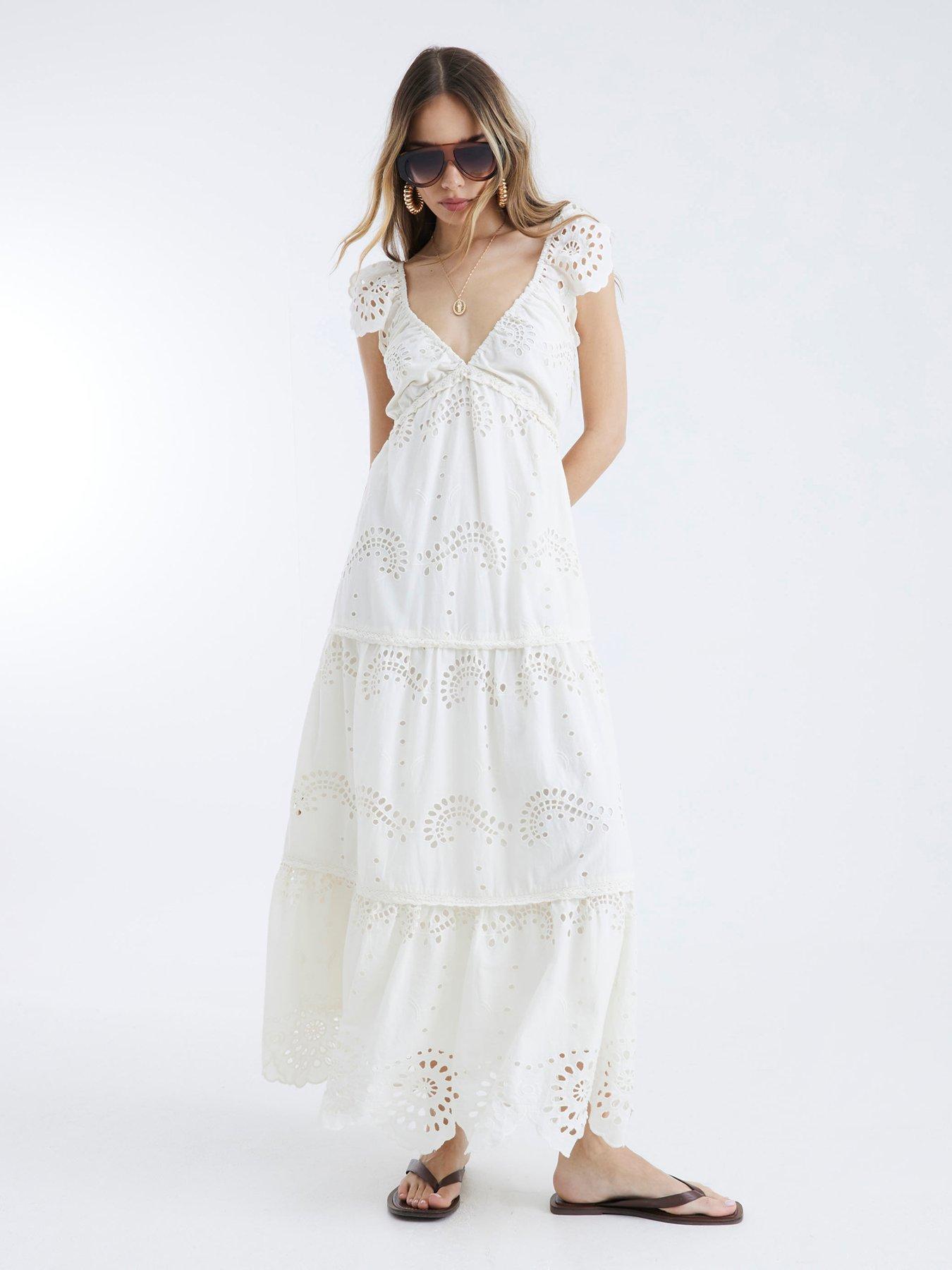 River Island: Broderie Midi Dress - Cream